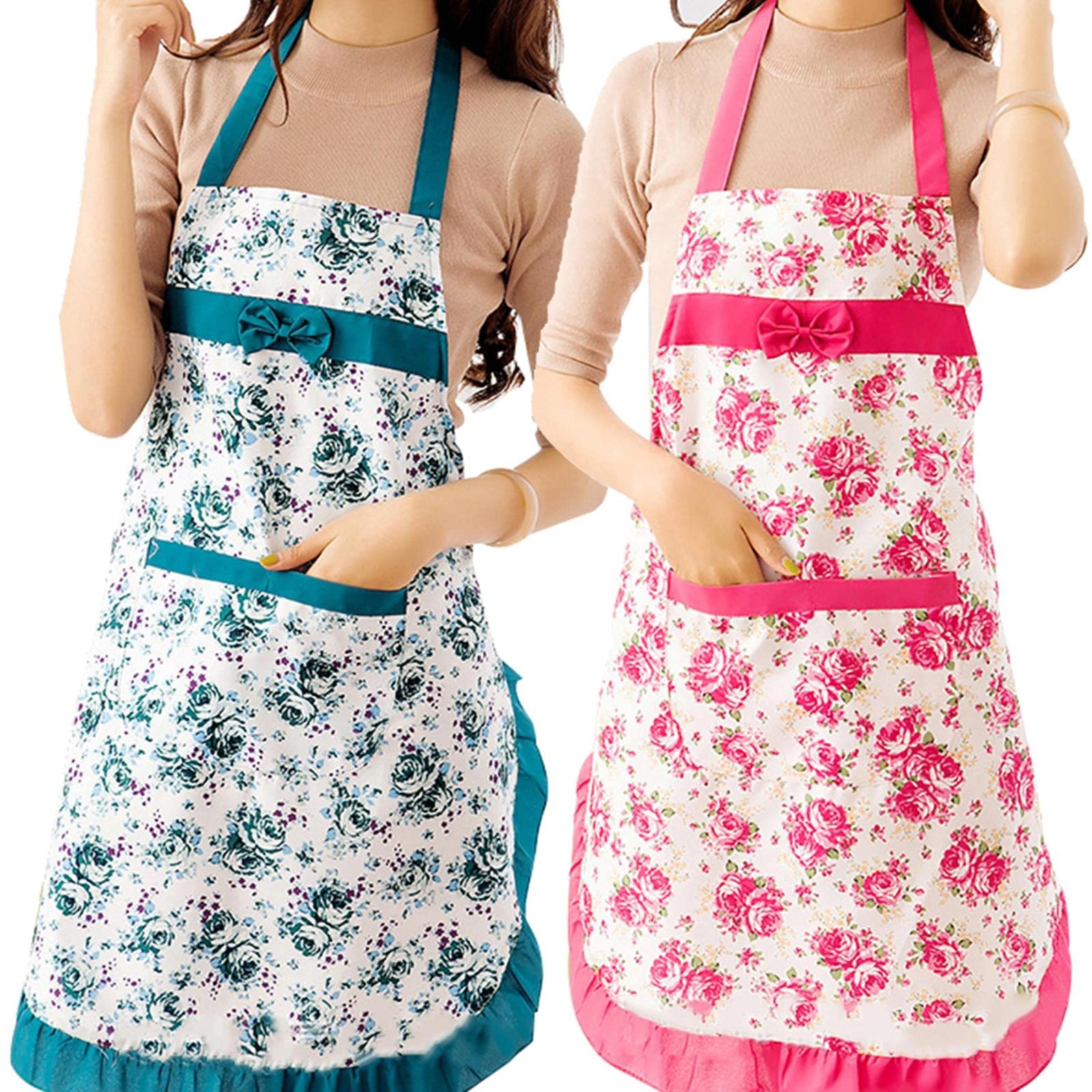 Women's Floral Bow Tie Sleeveless Kitchen Apron - Adjustable Waist, Waterproof & Stylish for Cooking, Baking, Serving in Restaurants or Home Use