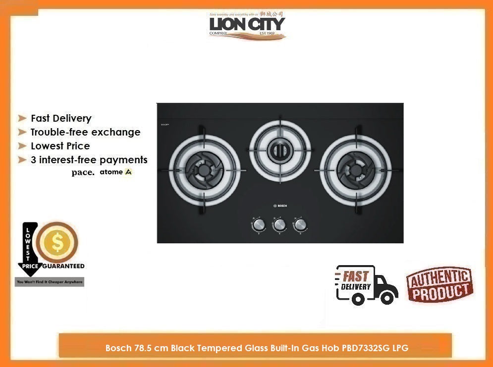Bosch PBD7332SG 78.5cm Black Tempered Glass Built-In Gas Hob - 4 Burner LPG Cooktop for Modern Kitchen | Perfect for Home Cooking, Baking & Entertaining