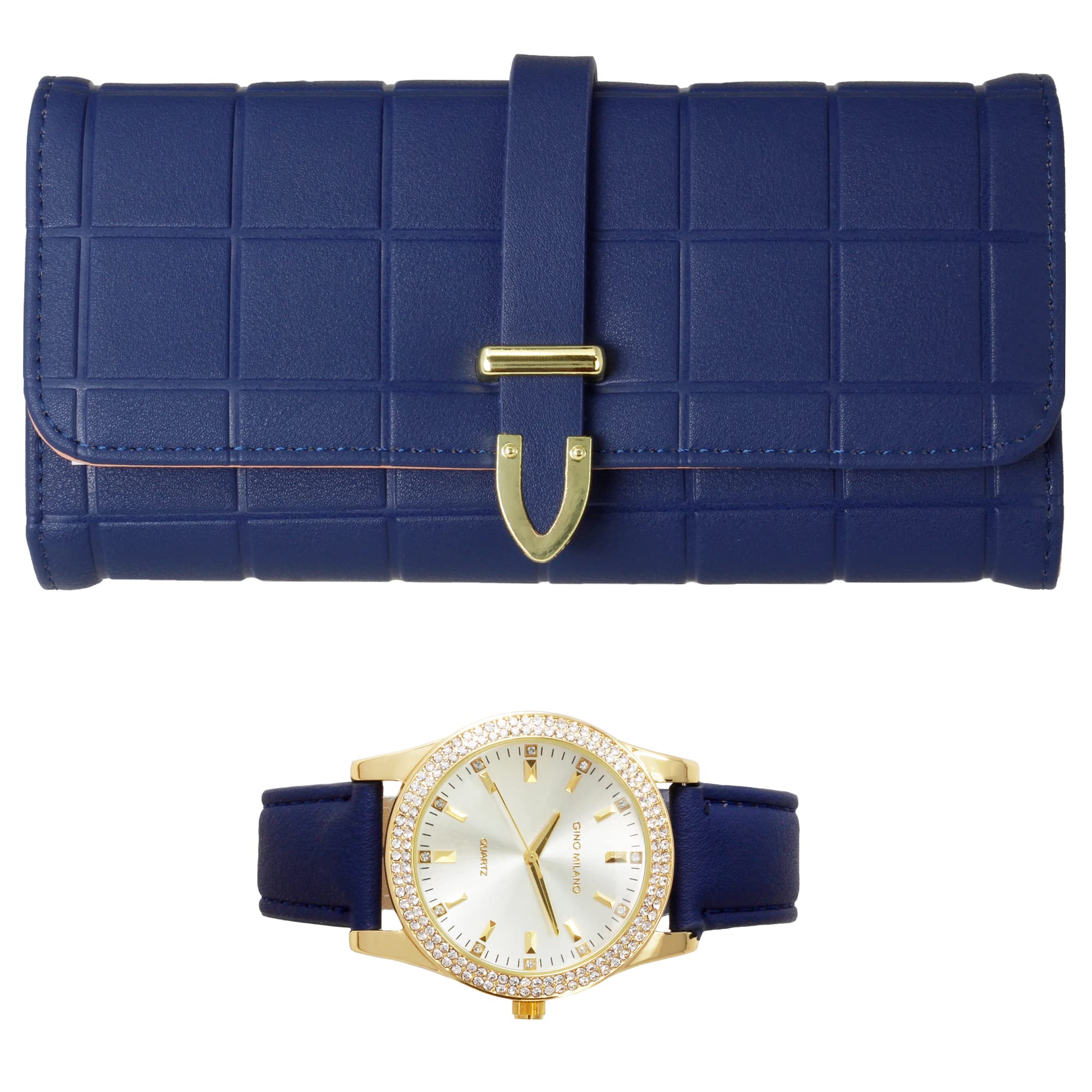 Luxury Women's Gold Leather Band Watch & Matching Tri-Fold Wallet Set - 2-Piece Navy Blue & White Gift Set for Women | Perfect for Everyday Wear, Office & Special Occasions