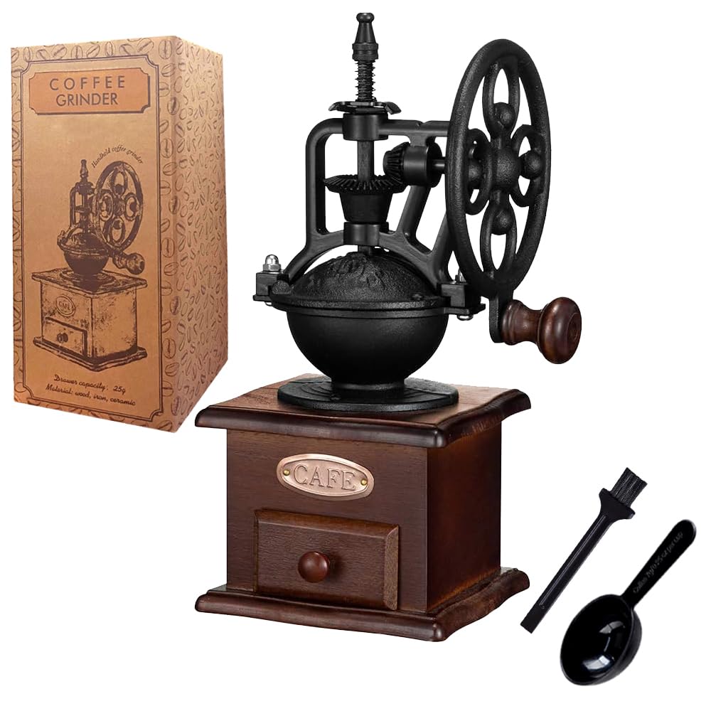 Premium Manual Coffee Grinder - Hand Crank Coffee Bean Mill for Espresso, French Press & Pour Over - Vintage Wooden Retro Coffee Maker for Home, Camping & Travel