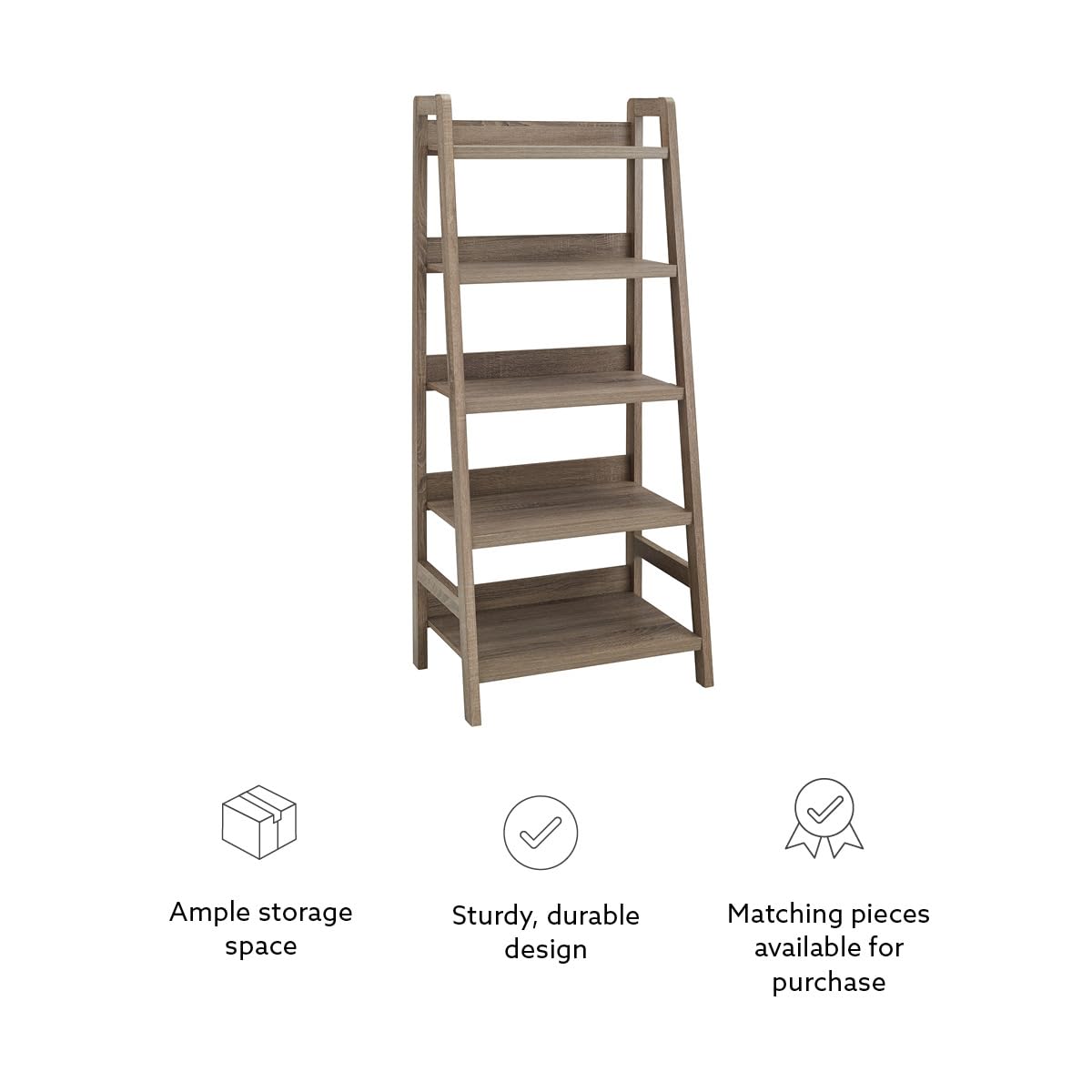 Linon Tracey Greywash Wooden 5-Shelf Ladder Bookcase - Stylish Storage for Living Room, Bedroom, or Home Office