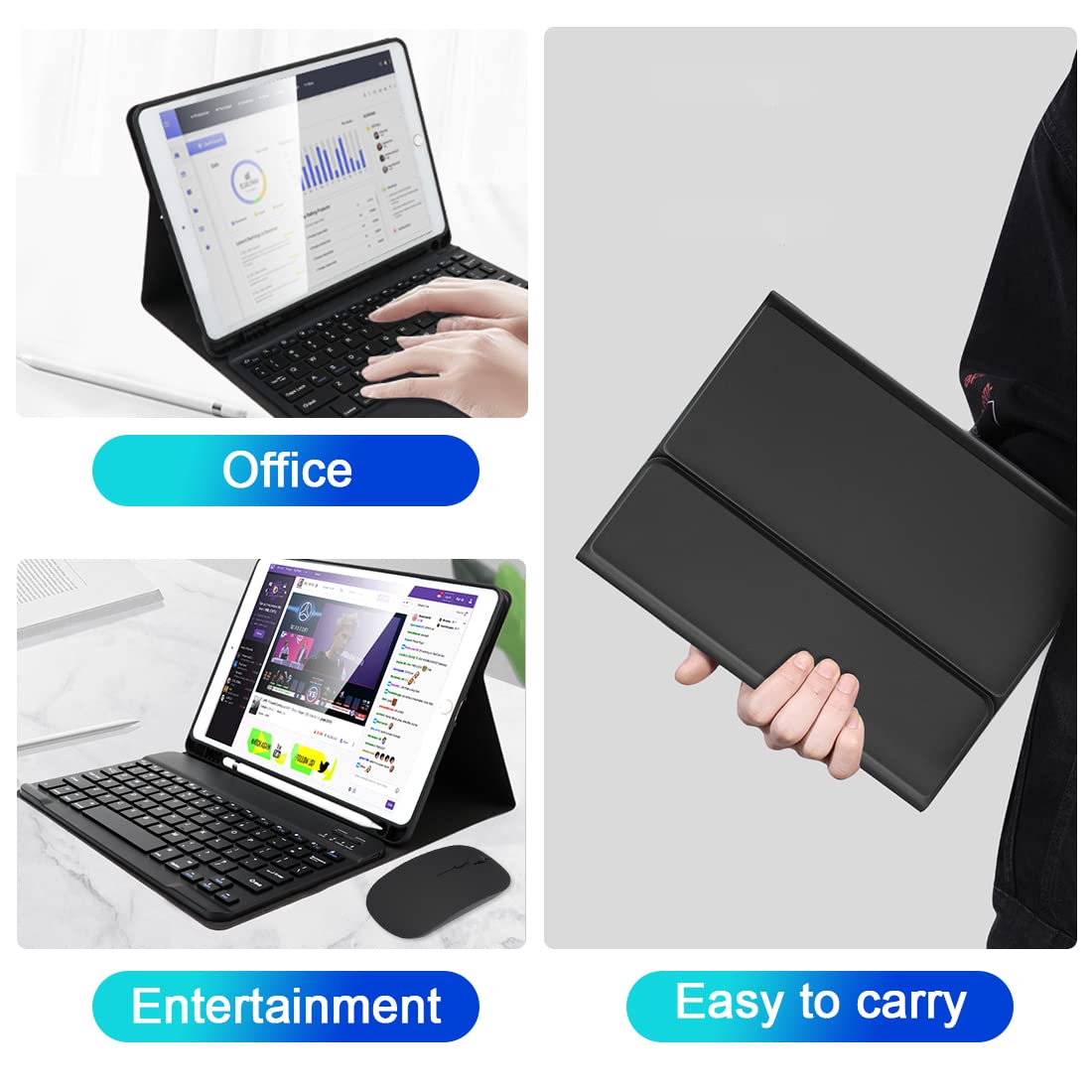 Wireless Keyboard Case for iPad 10.2/10.5 inch (9th/8th/7th Gen, Air 3, Pro 2017) with Pencil Holder - Slim Protective Cover for Typing, Work & Study - Perfect for Office, School & Travel Use