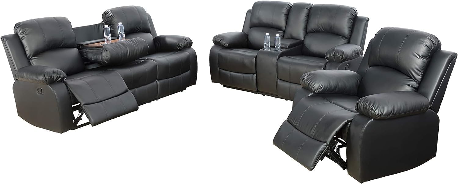 Premium Bonded Leather Reclining Sofa Set - 3 Piece Living Room Furniture (Loveseat & Recliners, Black) for Home Theater & Family Relaxation