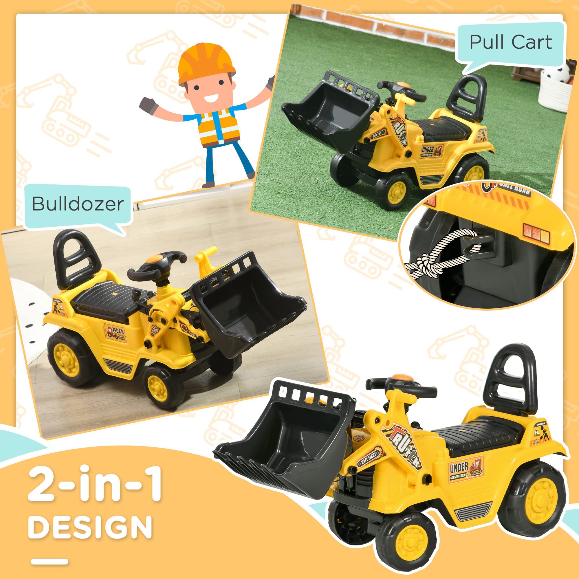 **HOMCOM Kids Ride-On Excavator Toy with Horn & Storage - Pretend Play Construction Truck for Toddlers 18-48 Months - Outdoor & Indoor Play, Birthday Gift Idea**