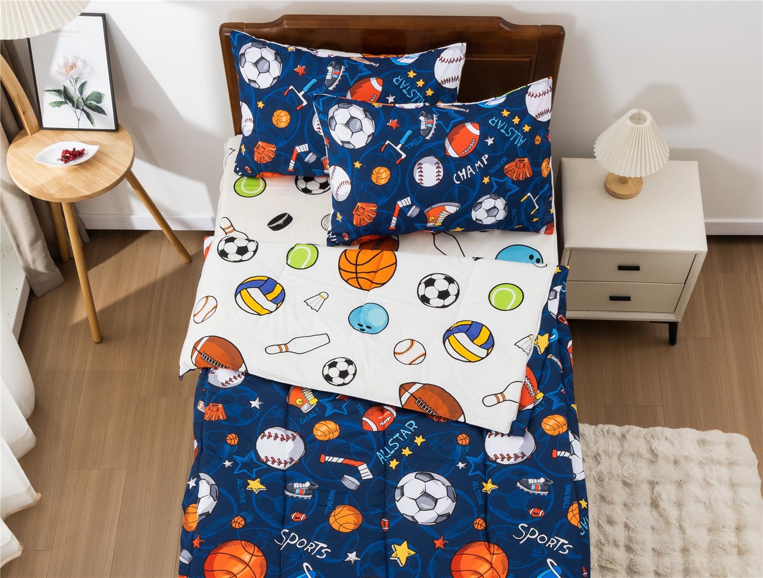 3-Piece Kids Comforter Set with Zipper - Twin Sports Bedding for Boys (Basketball, Football, Baseball Theme) - Navy Blue All-in-One Zippered Bedding Set - Perfect for Kids' Rooms, Dormitories & Sleepovers