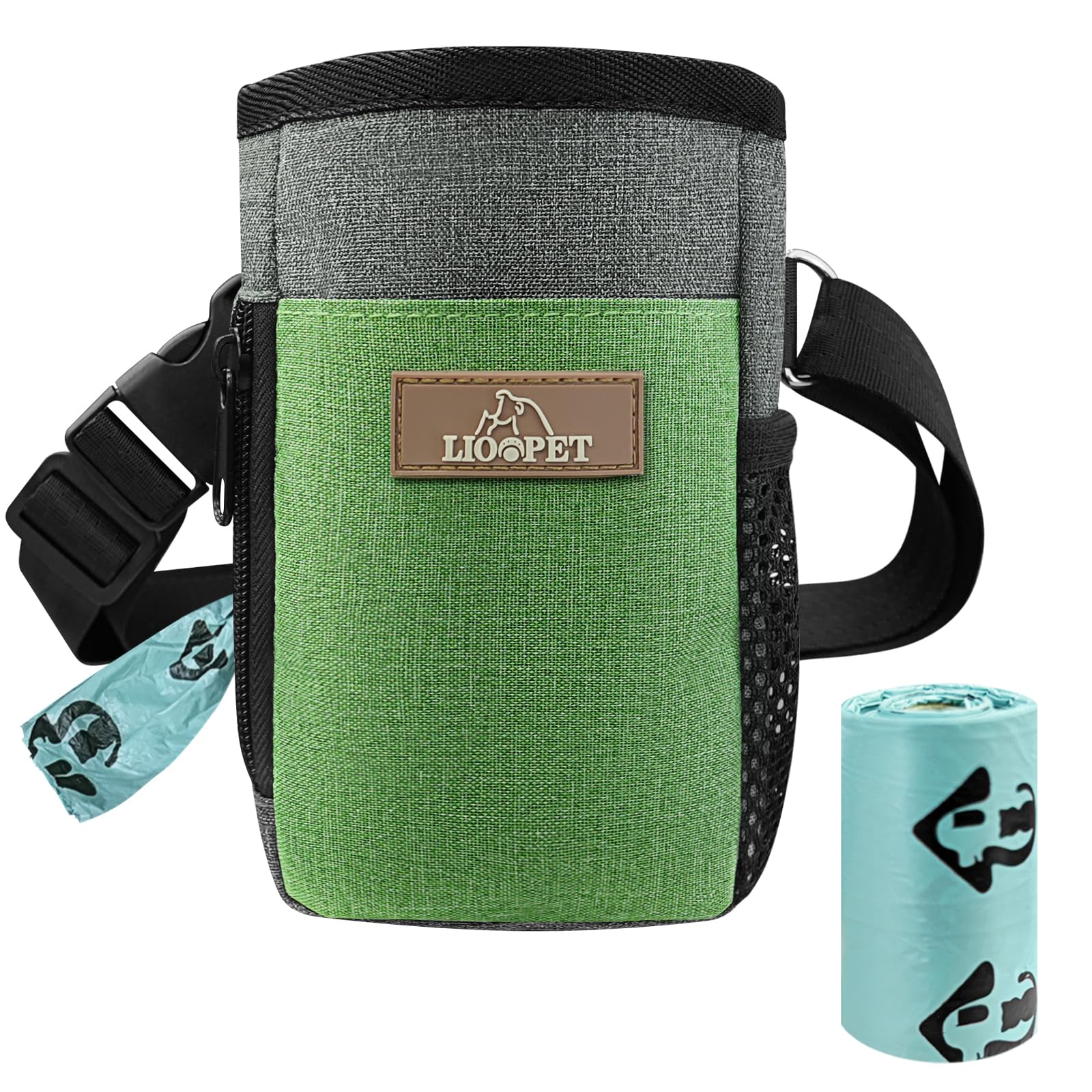 Premium Dog Treat Pouch - Large Capacity Pet Training Bag with Fashionable Green & Grey Design - Perfect for Dog Walks, Outdoor Adventures, Travel & Obedience Training - Includes Free Poop Bags - Ideal for Hiking, Park Visits & Daily Dog Care