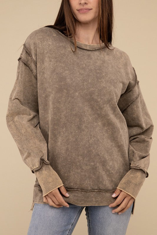 Acid Wash French Terry Exposed Seam Sweatshirt | Vintage Distressed Pullover | Casual Streetwear for Men & Women | Perfect for Fall Layering and Urban Fashion