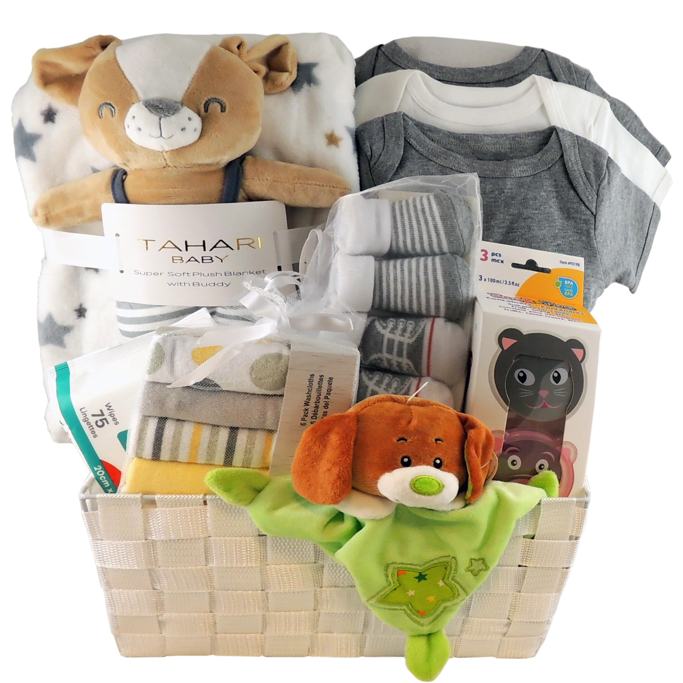 Ornella's Baskets Unisex Baby Gift Set - Premium Tahari Blanket, 3 Adorable Onesies & Essential Newborn Items | Perfect Baby Shower Gift & Welcome Home Present for Newborns