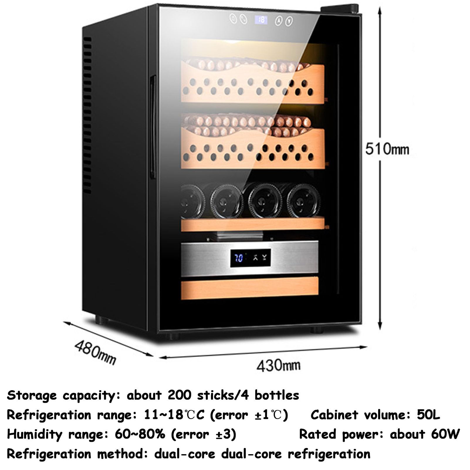 50L Electric Cigar Humidor Cabinet - Holds 200 Cigars & 4 Bottles - Spanish Cedar Wood Shelves - Cooling System - Perfect for Home, Office, or Cigar Lounge Storage
