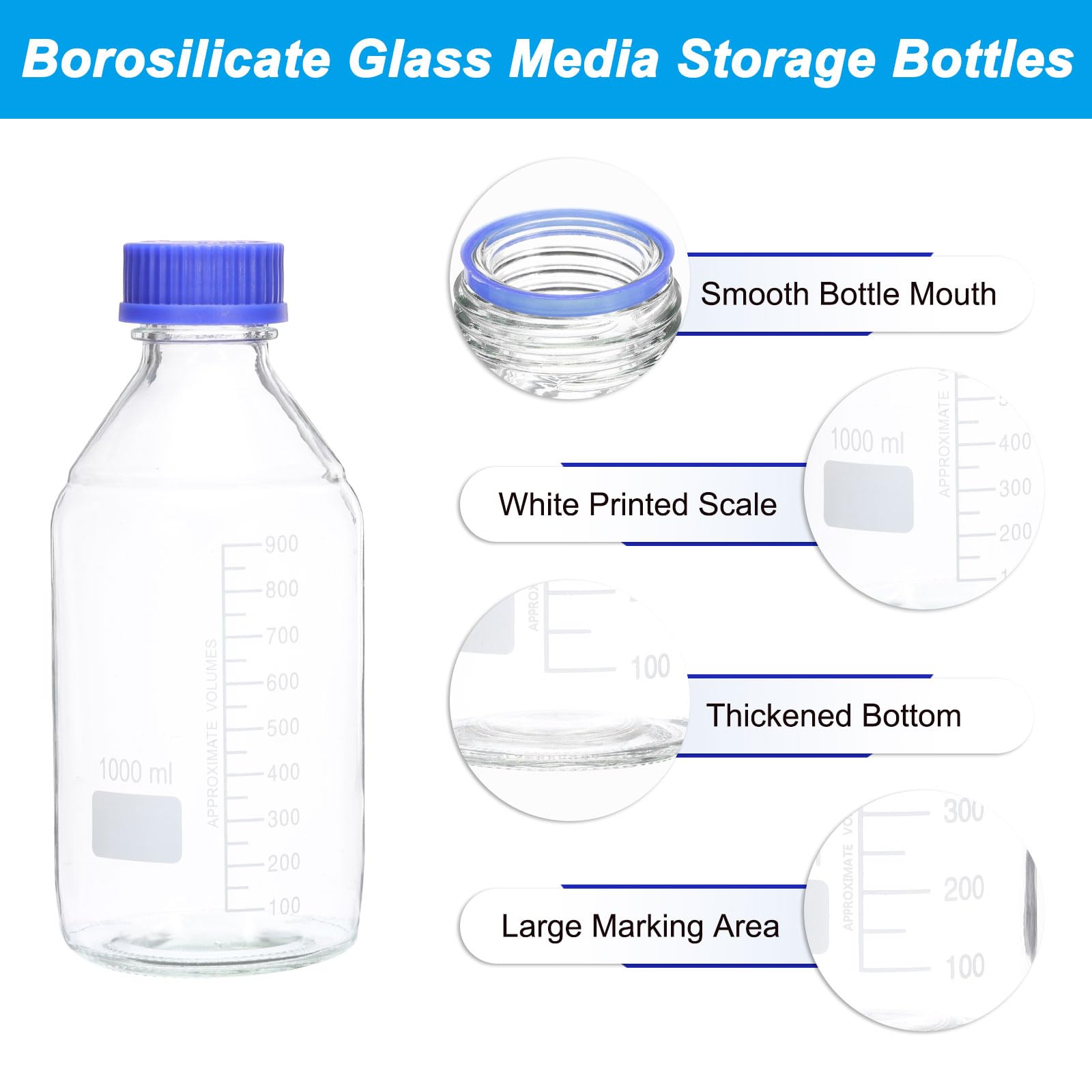 PATIKIL 6 Pack 1000ml Borosilicate Glass Reagent Storage Bottles with GL32 Blue Screw Cap - Lab-Grade Graduated Round Bottles for Water, Chemicals & Liquid Reagents - Perfect for Laboratories, Science Experiments & DIY Projects