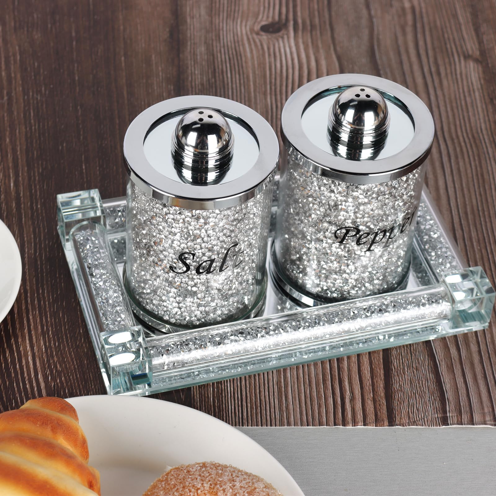 Sparkling Crystal Salt and Pepper Shakers Set with Elegant Tray - Diamond-Cut Luxury Kitchen Decor for Countertop - Perfect for Dining Table, Wedding Gifts & Home Entertaining - Silver Finish