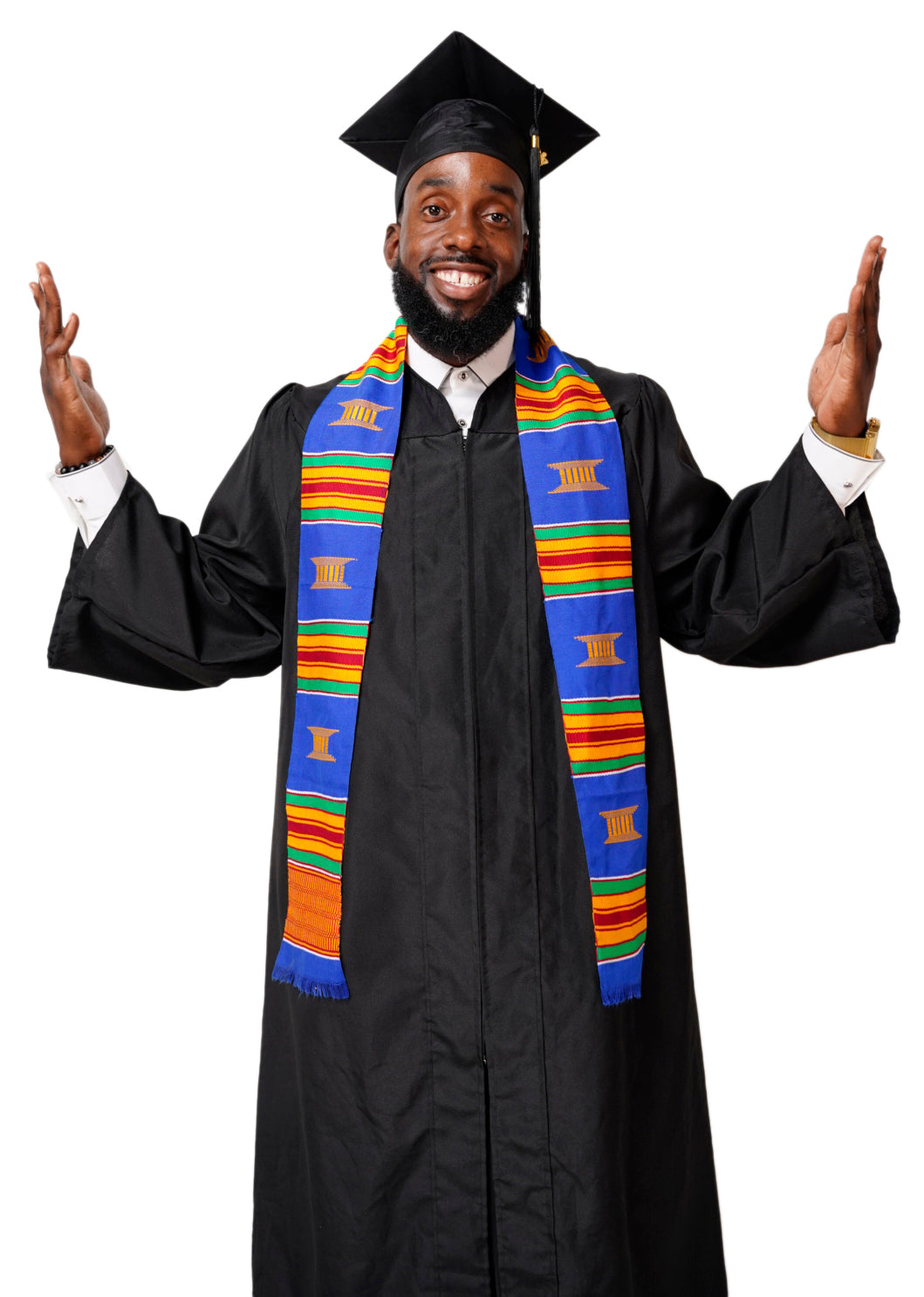 Hand Woven Blue and Gold Kente Cloth Graduation Stole - Authentic African Heritage Sash DP2169BLU for Graduation Ceremonies, Cultural Events & African Pride Celebrations