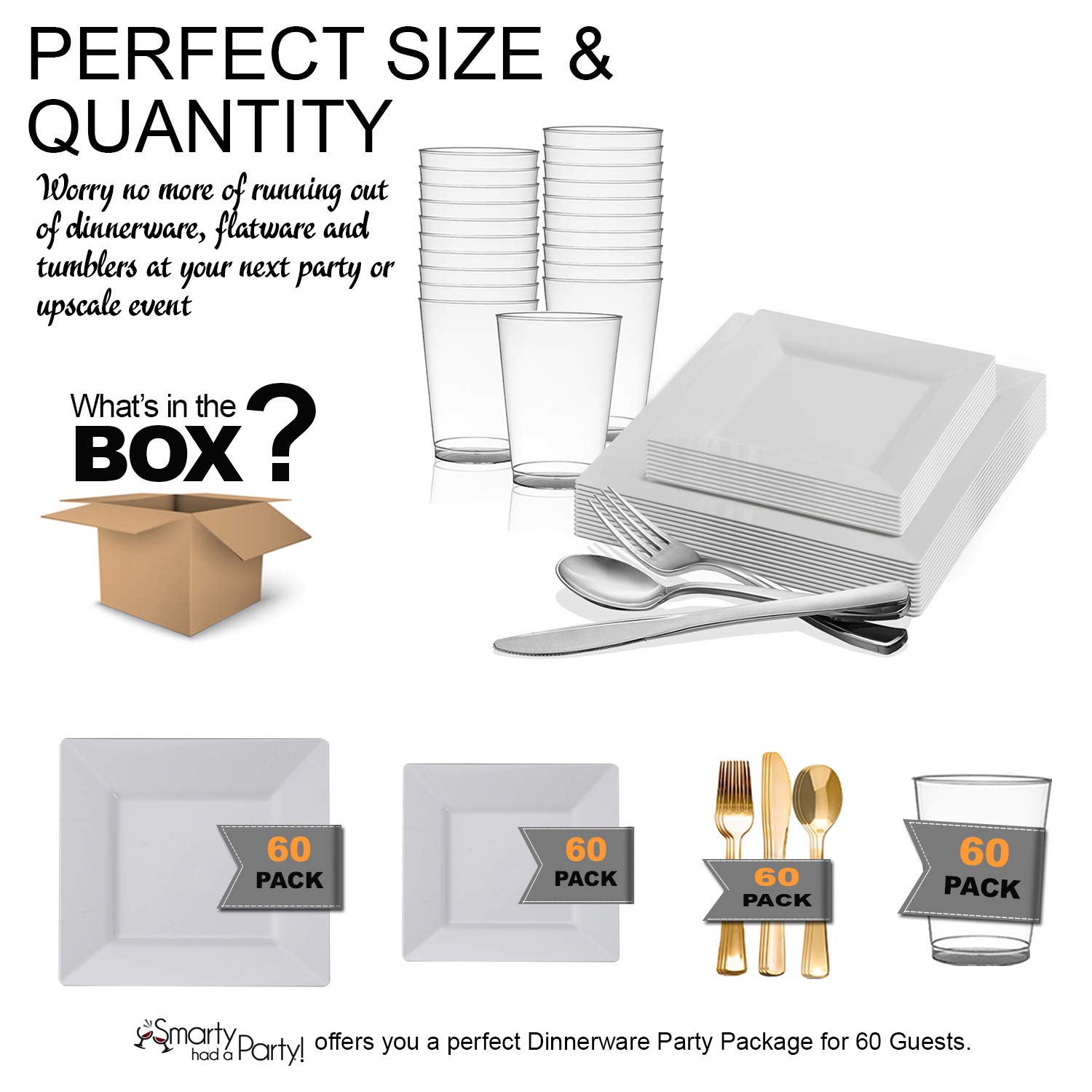 Eco-Friendly Disposable Plastic Dinnerware Set for 60 Guests - Elegant Square White Plates, Salad/Dessert Plates, Silverware Cutlery & Cups | Perfect for Weddings, Birthday Parties, Catering & Outdoor Events