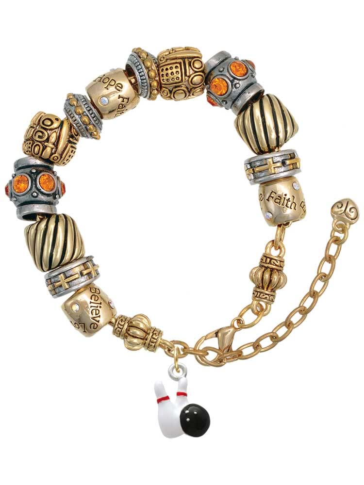 Delight Jewelry Silver Tone Bowling Pins & Ball Christian Bead Bracelet - 7+2 Inch Two-Tone Design - Perfect for Bowling Enthusiasts & Faith-Based Gifts