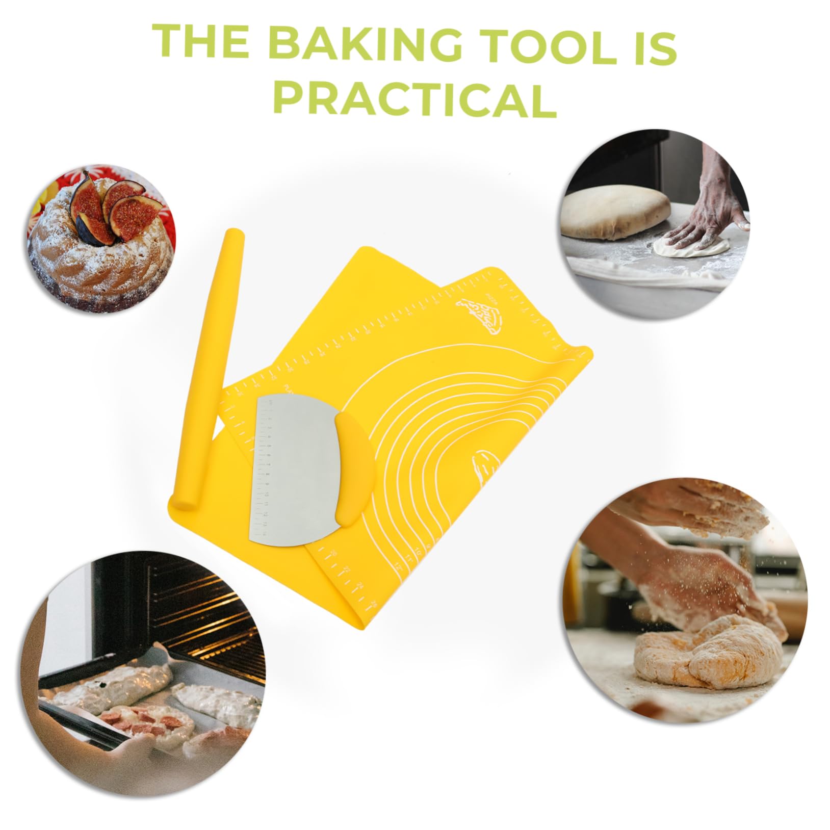 3-Piece Non-Stick Silicone Baking Set with Dough Mat & Rolling Pin - Essential Kitchen Tools for Cookies, Pastries & Bread Making - Perfect for Home Bakers & Professional Chefs