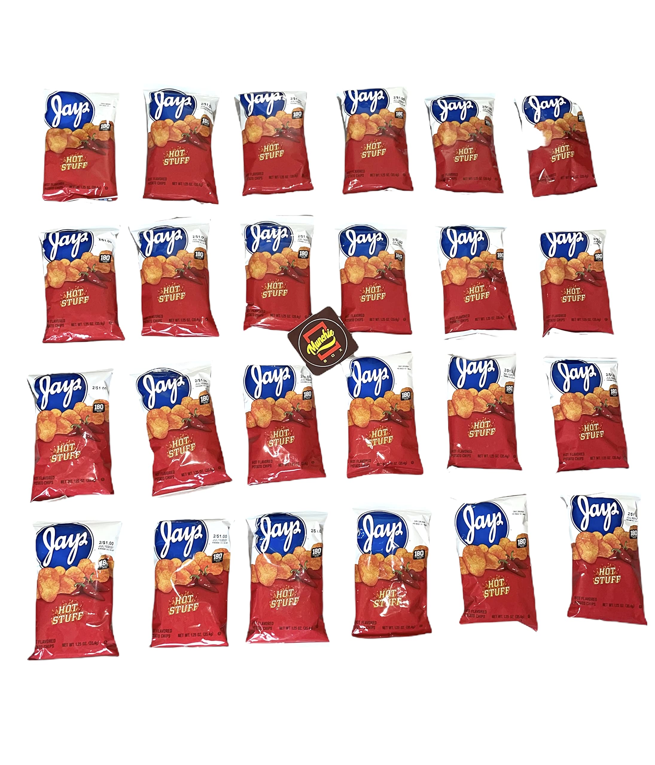 Jay's Hot Stuff Potato Chips - Chicago Style Spicy Snack (24 Pack, 1.25 Oz Bags) - Perfect for Parties, Game Nights & Office Snacking