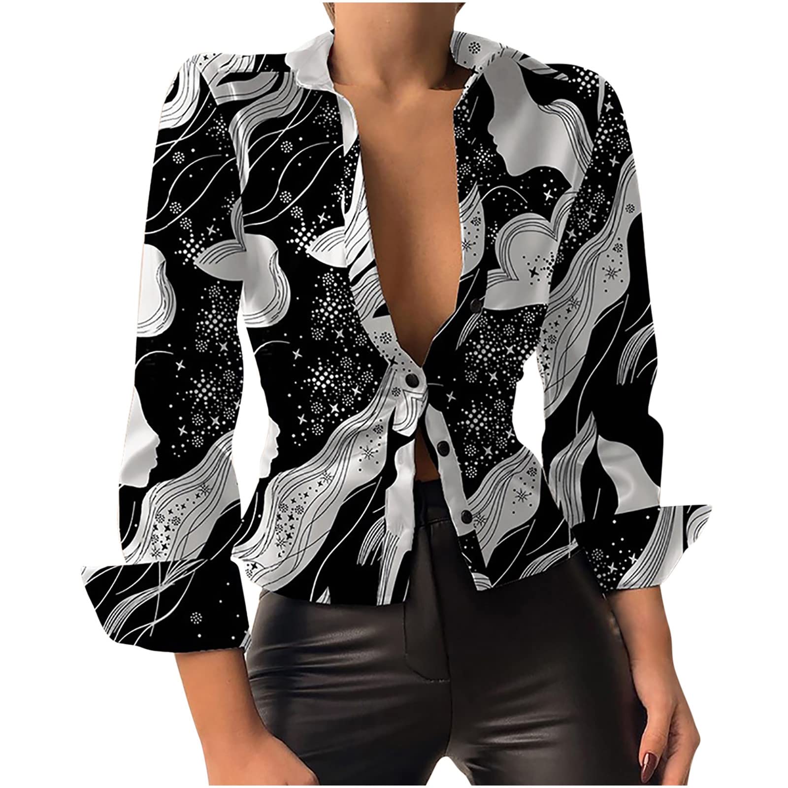 Lisgai Women's Rose Print Button Down Long Sleeve Blouse - V Neck Lapel Tunic Top for Casual Spring Outfits | Office Wear, Date Night & Everyday Fashion