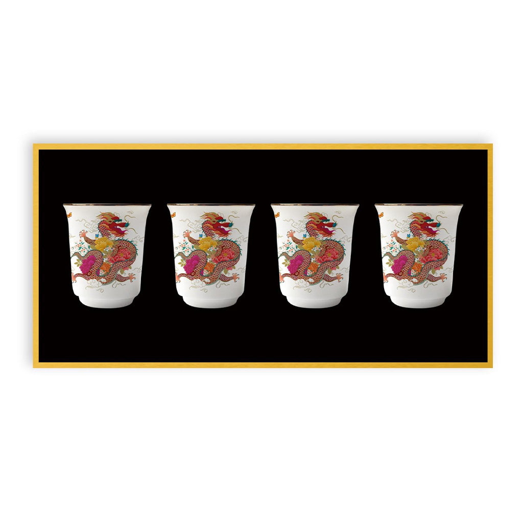 Peony Dragon Porcelain Teacup Set of 4 - Floral Chinese Tea Cups for Afternoon Tea & Home Decor