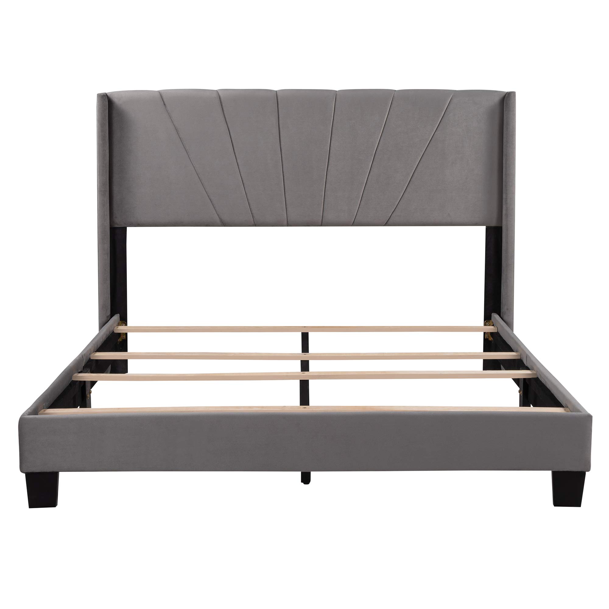 P PURLOVE Queen Velvet Upholstered Platform Bed Frame with Headboard - No Box Spring Needed, Soft Gray Luxury Bed for Master Bedroom & Guest Room