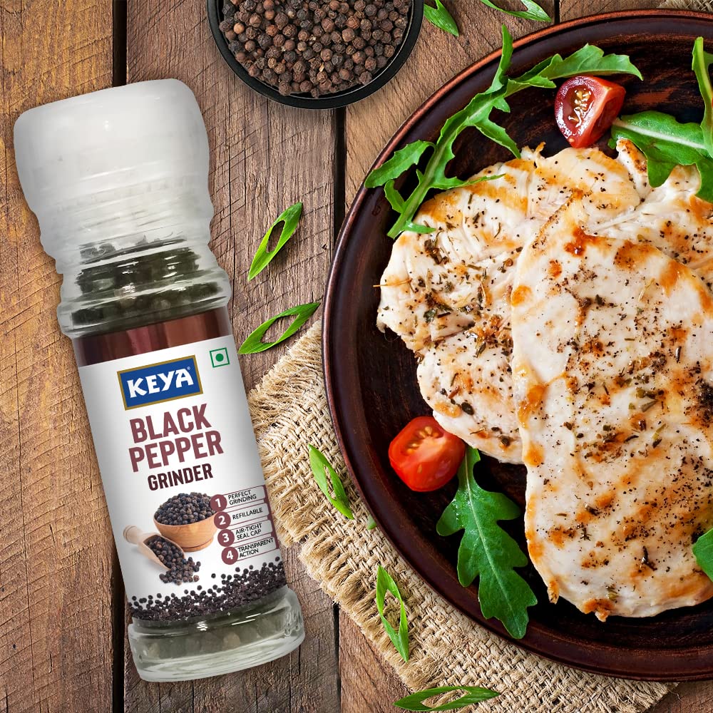 Premium Keya Black Pepper Grinder - 50g Fresh Kali Mirch | High-Quality Ground Black Pepper for Enhanced Flavor | Easy Twist-Top Design | Ideal for Cooking, Seasoning, Garnishing & Everyday Meals | Perfect for Steak, Pasta, Salads & Soups