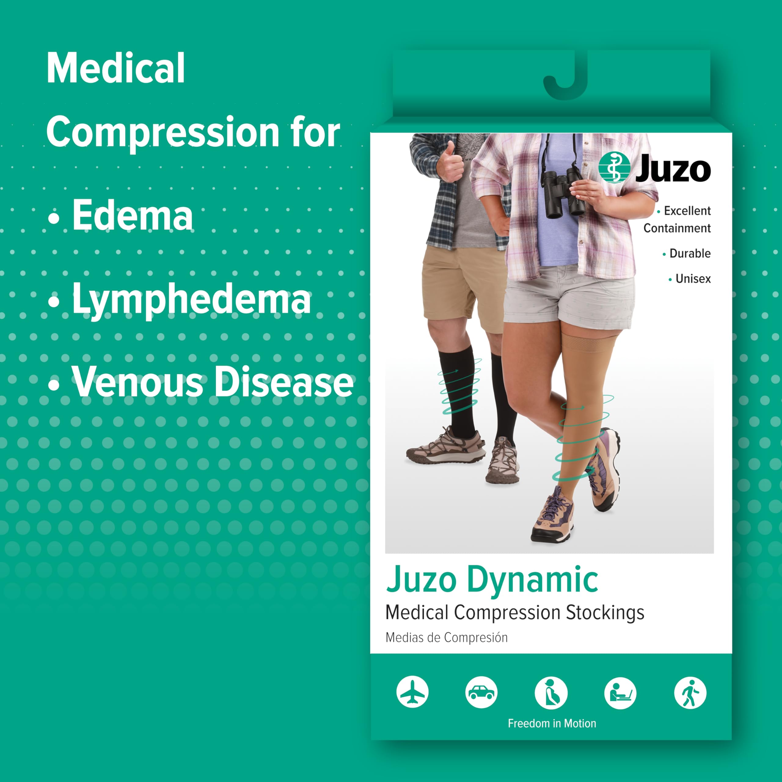 Juzo Dynamic Varin Closed Toe Thigh High Compression Stockings 20-30 mmHg for Men & Women - 2-Way Stretch Medical Grade Support Socks with Silicone Top Band - Made in USA, Beige, Petite Size - Ideal for Lymphedema, Varicose Veins & Post-Surgery Recovery