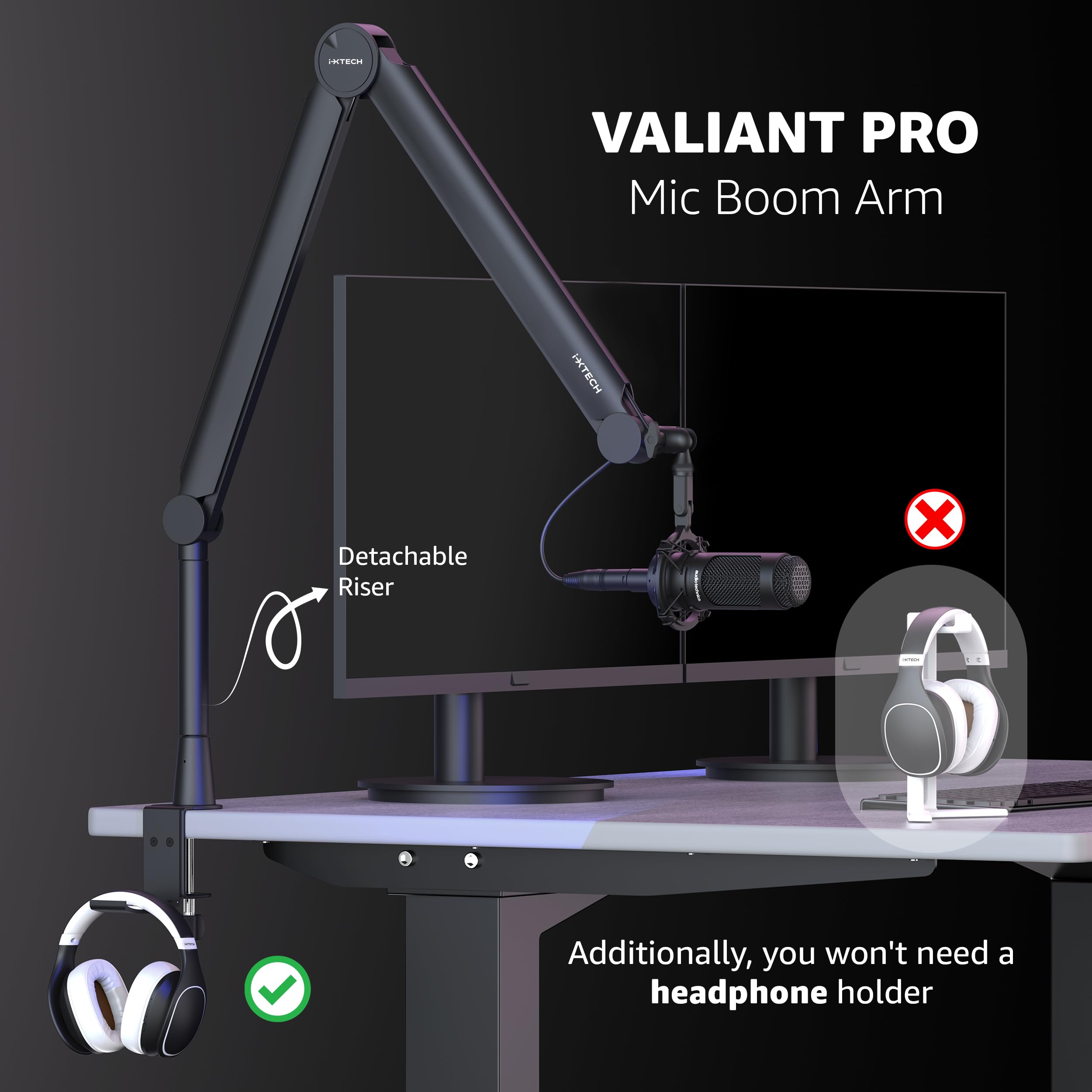 IXTECH 360° Rotatable Microphone Boom Arm with Desk Mount - Fully Adjustable Mic Stand for Podcasting, Streaming, Gaming & Studio Recording - Sturdy Universal Mic Arm for Home Office & Professional Use