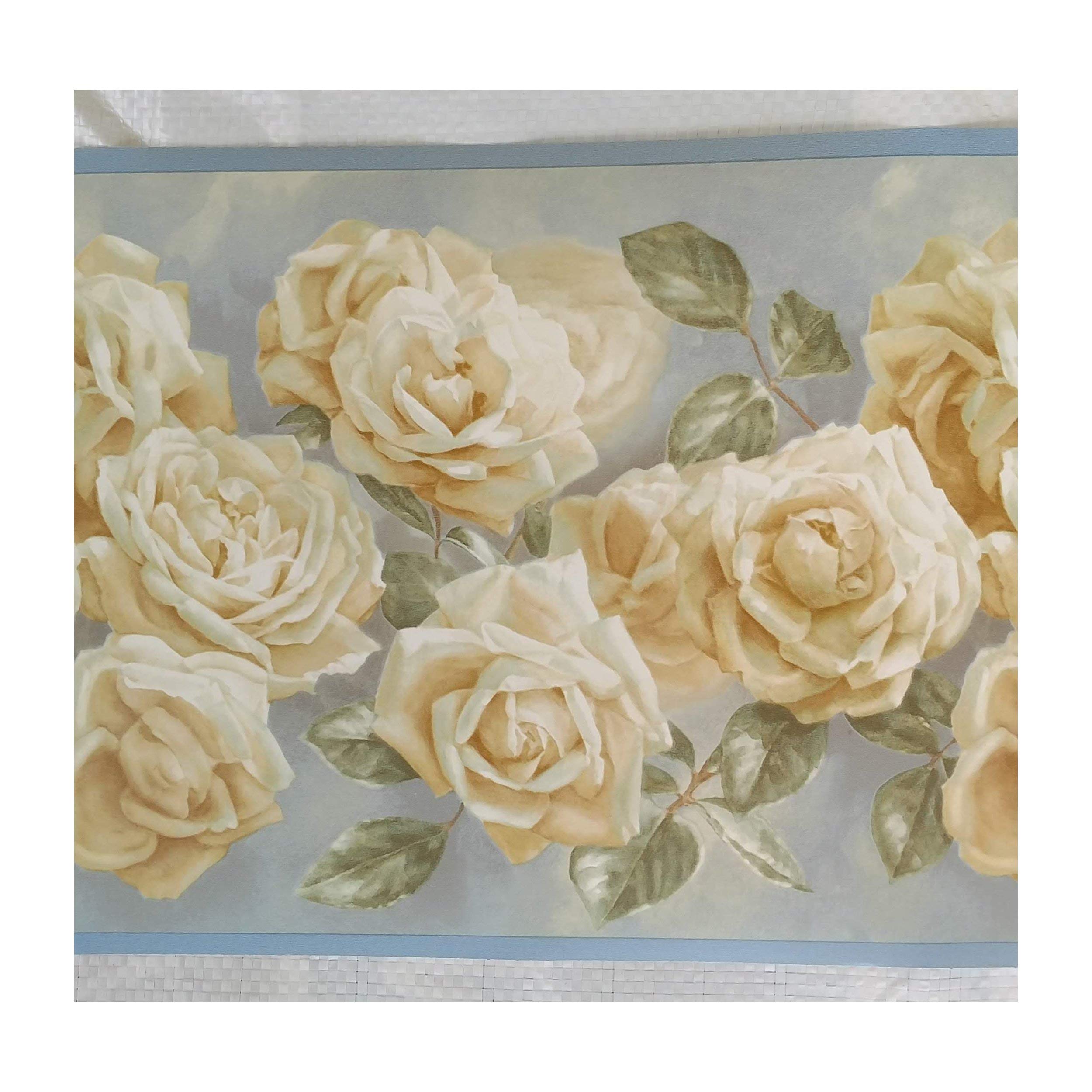 Blue and White Roses Floral Wallpaper Border - Self-Adhesive Peel and Stick Wall Decoration for Bedroom, Living Room, Nursery & Home Decor