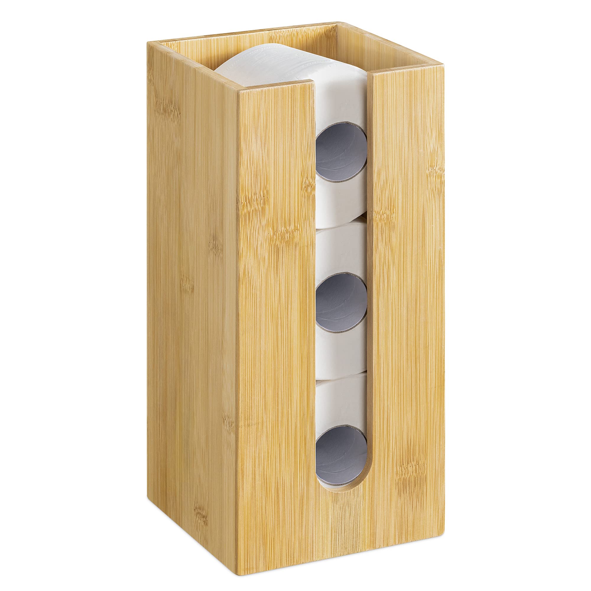 Navaris Bamboo Toilet Paper Storage Stand - Free Standing Narrow Toilet Paper Holder Tower Organizer for Bathroom & Restroom - Holds 3 Rolls - Space Saving Bathroom Storage Solution for Small Spaces & Apartments