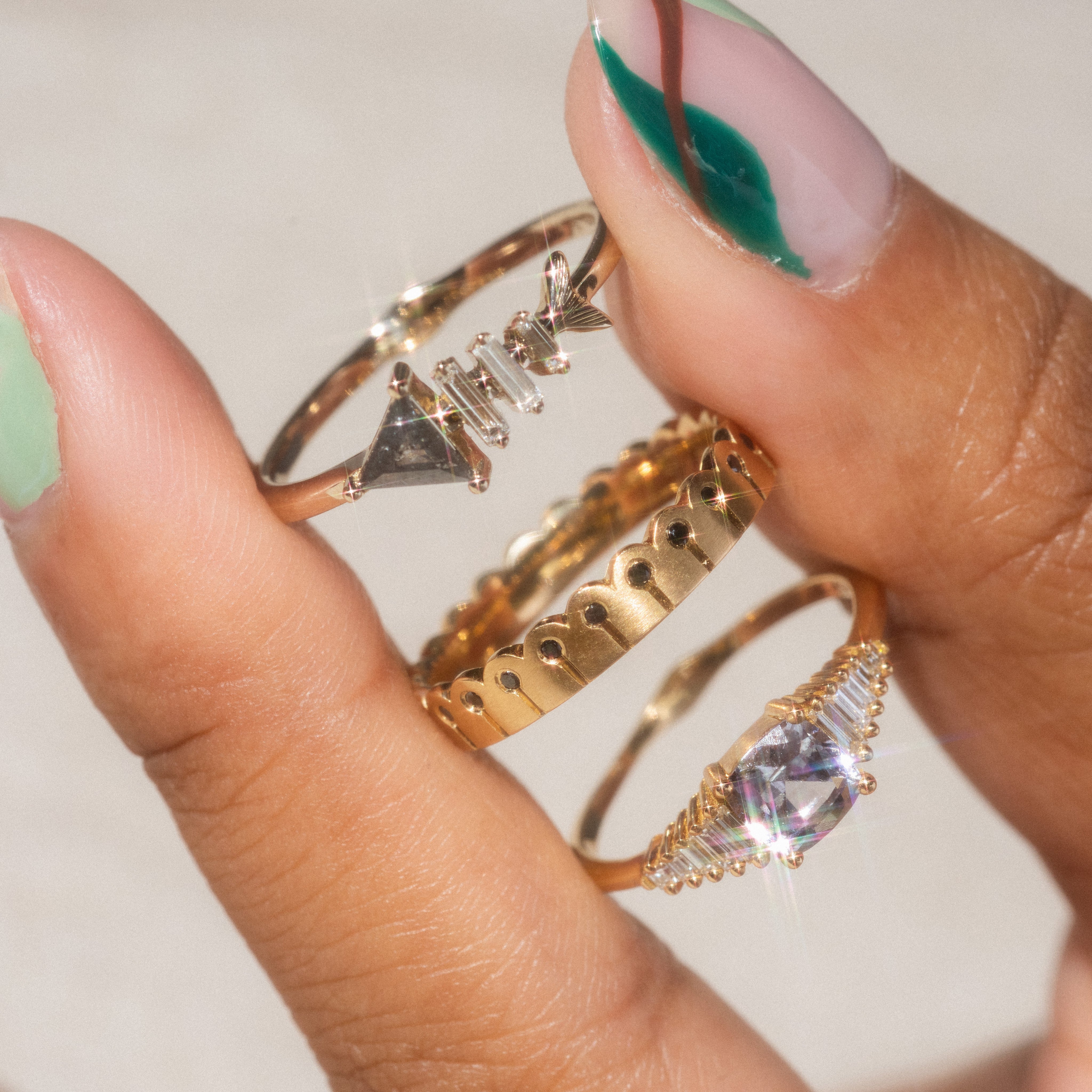 14K Gold Fishbone Ring with Triangle & Baguette Cut Diamonds - Elegant Stackable Ring for Women, Perfect for Everyday Wear, Anniversary Gifts & Special Occasions