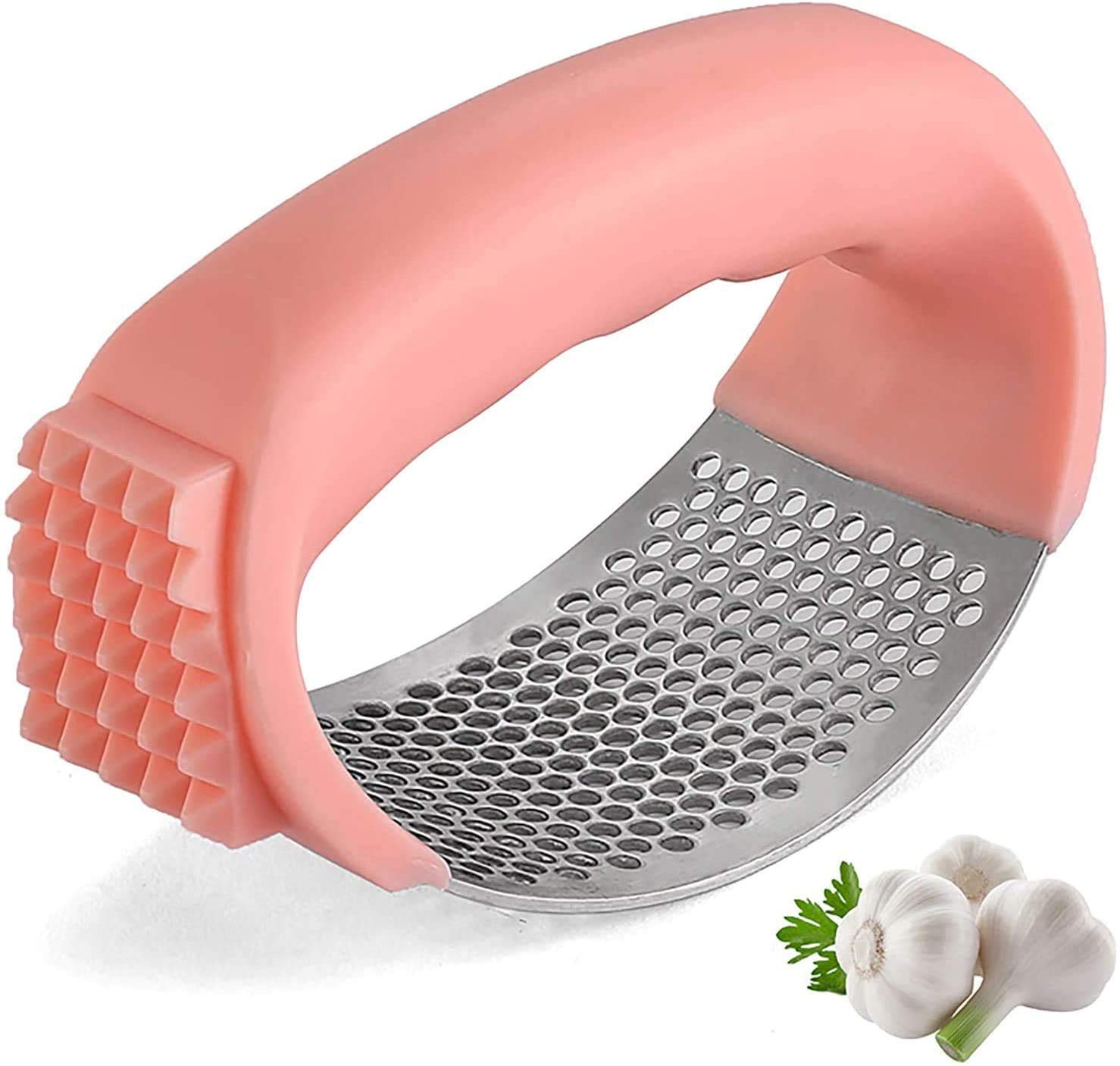 Premium Stainless Steel Garlic Press Rocker - 2-in-1 Garlic Crusher & Chopper with Silicone Peeler & Cleaning Brush - Heavy Duty Kitchen Gadget for Mincing, Grinding & Cutting Garlic - Perfect for Cooking, Meal Prep & Professional Kitchens (Pink)