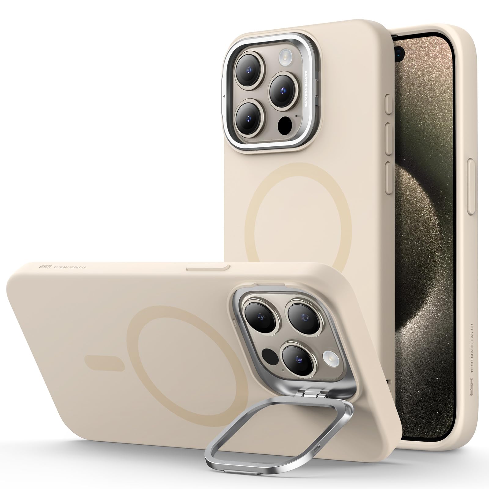 ESR for iPhone 15 Pro Max Case with MagSafe - Military-Grade Protective Silicone Cover with Built-in Stand & Camera Stash | Magnetic Phone Case for iPhone 15 Pro Max (Cloud Series, Light Tan) - Perfect for Work, Travel & Everyday Use