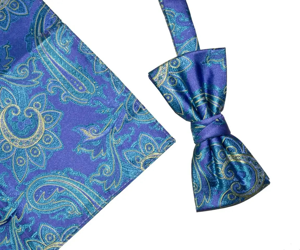 Luxury Blue and Yellow Paisley Silk Bow Tie and Pocket Square Set - Classic Handkerchief for Weddings, Prom & Formal Events