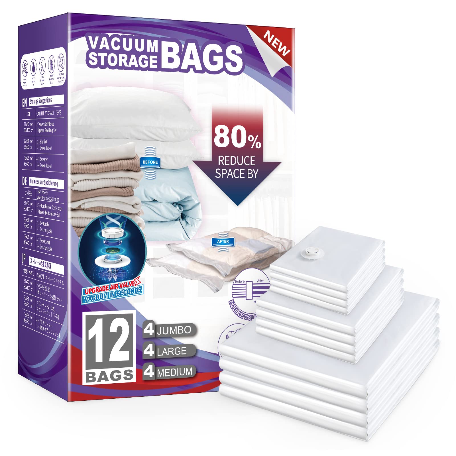 TAILI 12 Pack Vacuum Storage Bags Set (4 Jumbo, 4 Large, 4 Medium) - Space Saving Vacuum Seal Bags for Clothes, Bedding, Comforters & Blankets | Closet Organizer for Seasonal Storage & Travel Packing