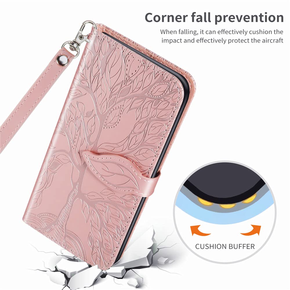 Premium PU Leather Samsung Galaxy A12 Wallet Case with Kickstand, Card Slots & Wrist Strap – Embossed Tree Design Folio Flip Cover for 6.5