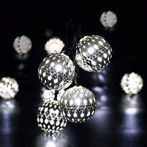 Solar Powered 12LED Metal Ball String Lights 3.5M - Cold White Fairy Lights for Indoor/Outdoor, Garden, Patio, Christmas Decorations | Weatherproof Moroccan Globe Lights for Wedding, Party, Backyard & Holiday Lighting
