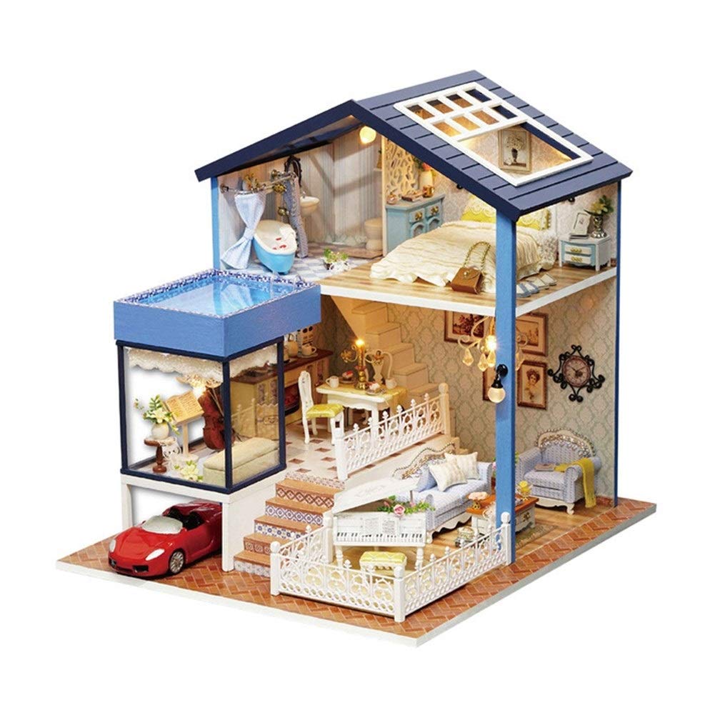 FSLLOVE DIY Miniature Dollhouse Kit - 3D Wooden Assembled Hut with Furniture, Handmade Villa Model for Kids, Creative DIY Toy for Girls & Boys - Perfect Birthday Gift & Home Decor (Color: Red Car) - Fun for Playtime, Room Decoration & Educational Activities
