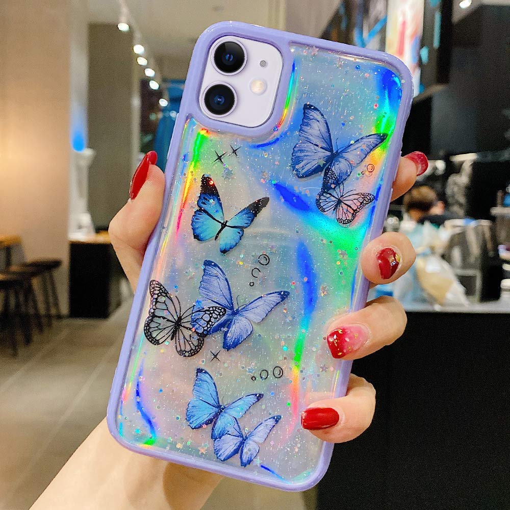 **LCHULLE Cute Iridescent Butterfly Glitter Case for iPhone 12 Pro Max – Soft TPU Bumper with Laser Bling Stars, Drop Protection – Trendy Girly Phone Cover for Women & Girls (Purple) | Perfect for Everyday Use, Parties & Gift Giving**