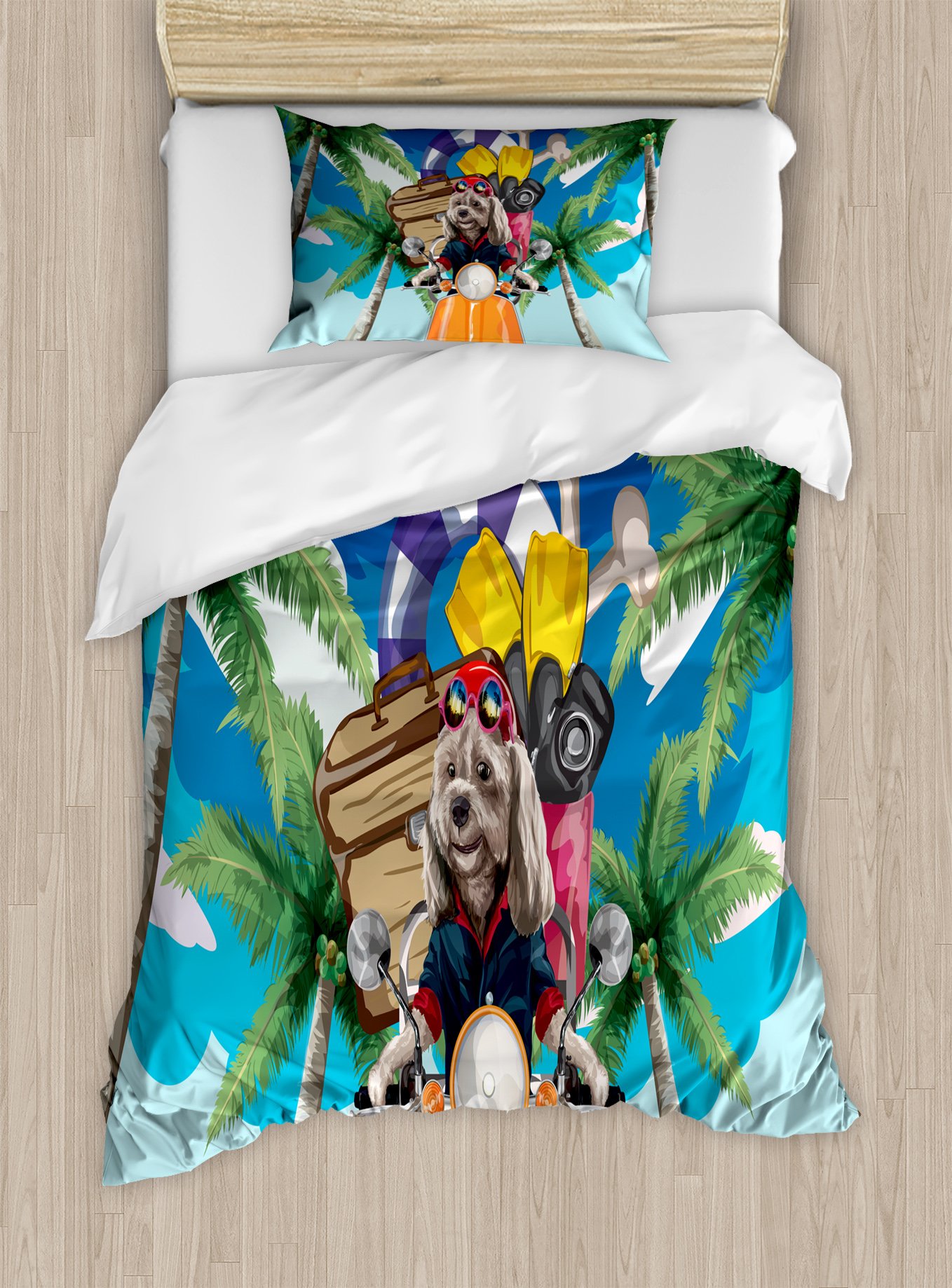 Ambesonne Dog Driver Duvet Cover Set - Cute Puppy Riding Motorbike on Tropical Island with Palm Trees, 2-Piece Bedding Set with Pillow Sham, Twin Size, Multicolor - Perfect for Pet Lovers' Bedroom, Vacation Themed Decor, Gift for Dog Owners