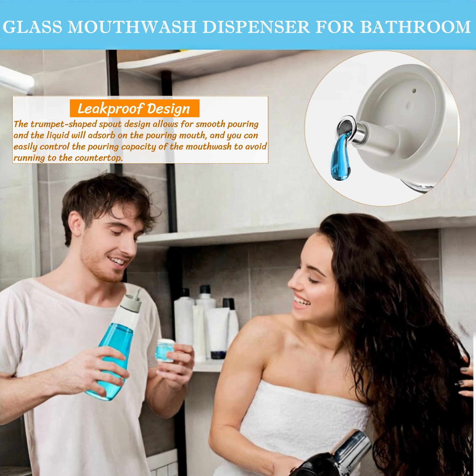 1 Pack 8.8oz Clear Glass Mouthwash Dispenser with Lid Cup - Refillable Bathroom Mouth Wash Container Bottle for Countertop, Vanity & Travel - Includes 4 Pcs Labels (Perfect for Home, Hotel & Office Use)