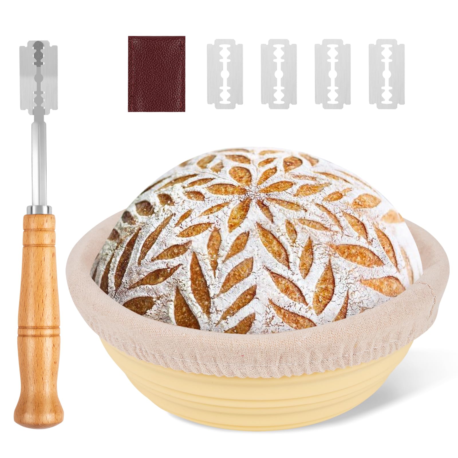 Silicone Banneton Proofing Basket Set - 9'' Dough Rising Bowl with 5-Piece Sourdough Scoring Tools Kit for Artisan Bread Baking | Perfect for Sourdough, Banneton, Danish Dough & Lame Bread | Home Bakery Essentials (Beige)