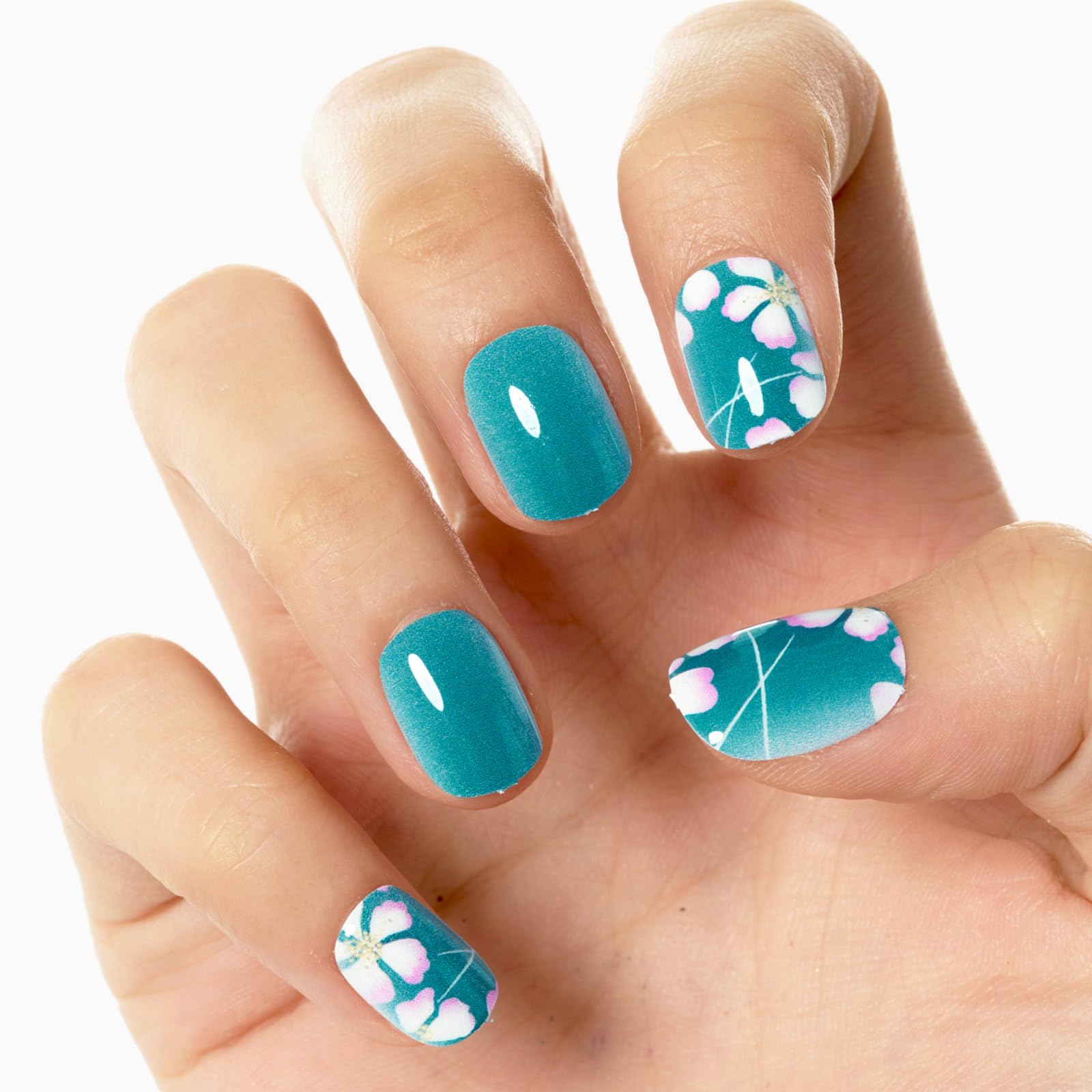 GLAMERMAID 24Pcs Short Squoval Press on Nails - Spring Peacock Blue Floral Design with Blossom Gel Glue | Reusable UV Glossy Acrylic Fake Nails for Women | Perfect for Parties, Weddings & Everyday Manicure