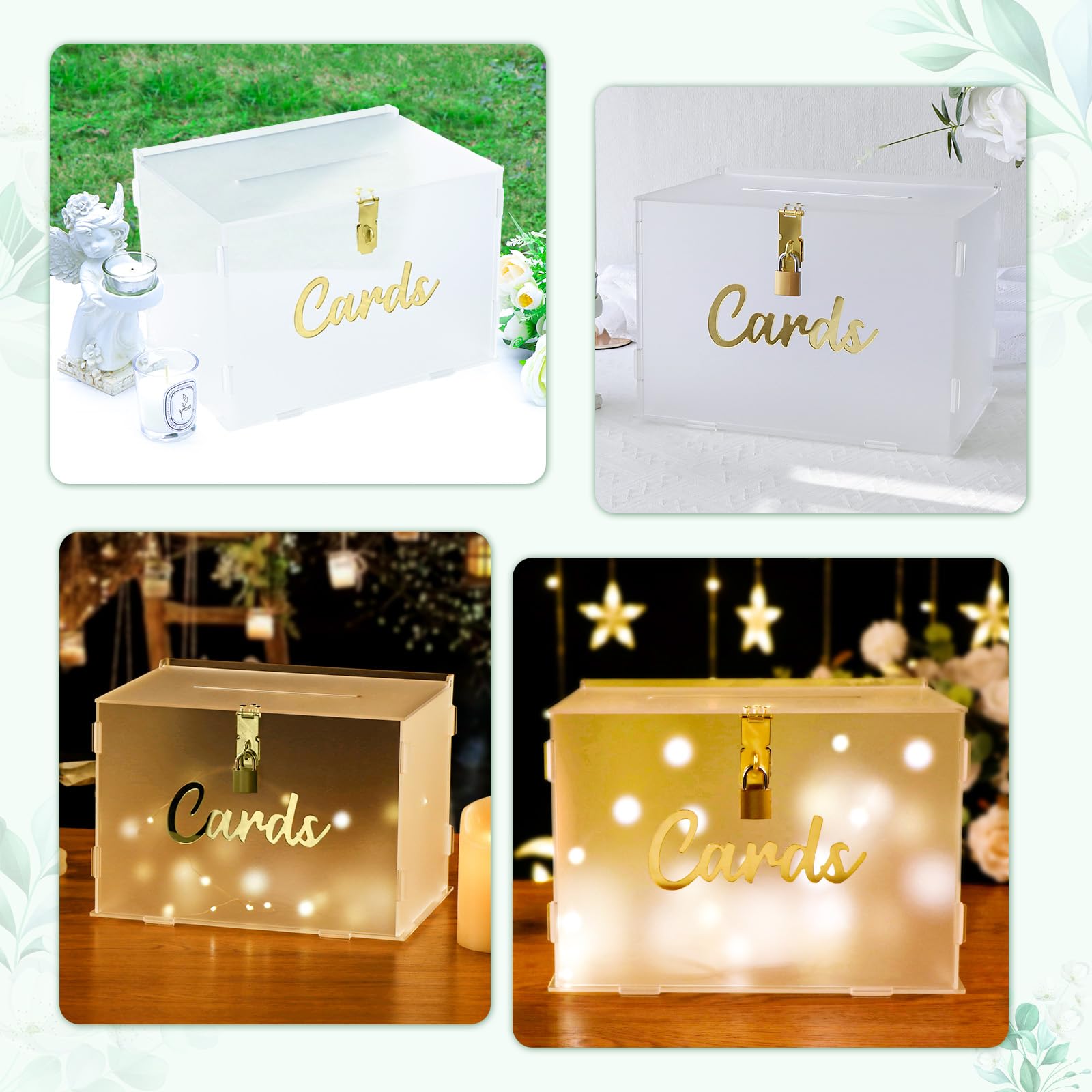 Frosted Acrylic Wedding Card Box with Lock - Large Gift Card Holder for Wedding Reception, Graduation, Baby Shower & Birthday Parties - Money Envelope Box with Slot & String Lights - Elegant Event Decorations for Special Occasions