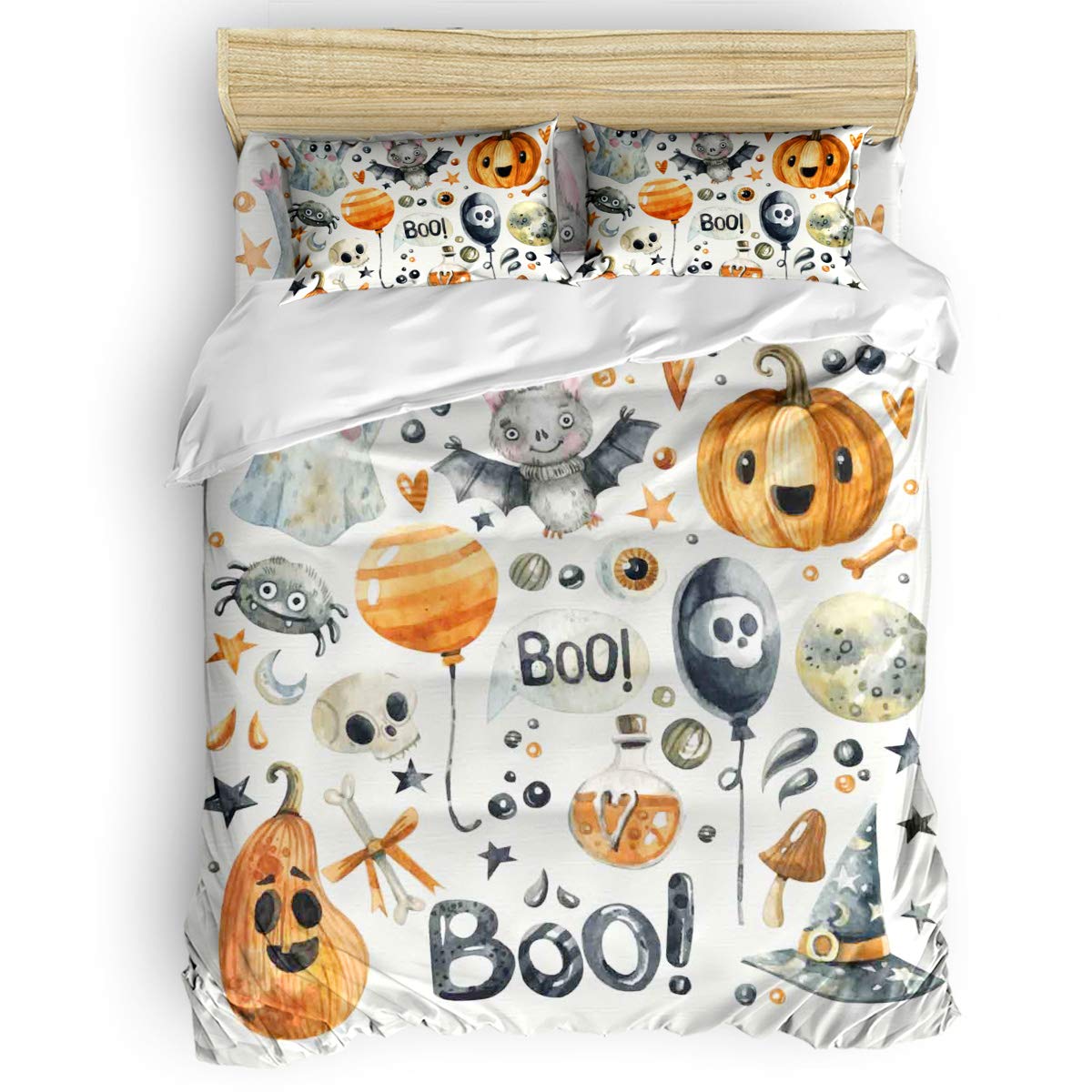 Millxiu Halloween Bedding Set Queen Size - 4 Piece Duvet Cover Set with Ghost Pumpkin Print, Includes 1 Duvet Cover, 1 Flat Sheet & 2 Pillowcases - Spooky Bedroom Decor for Kids, Teens & Adults