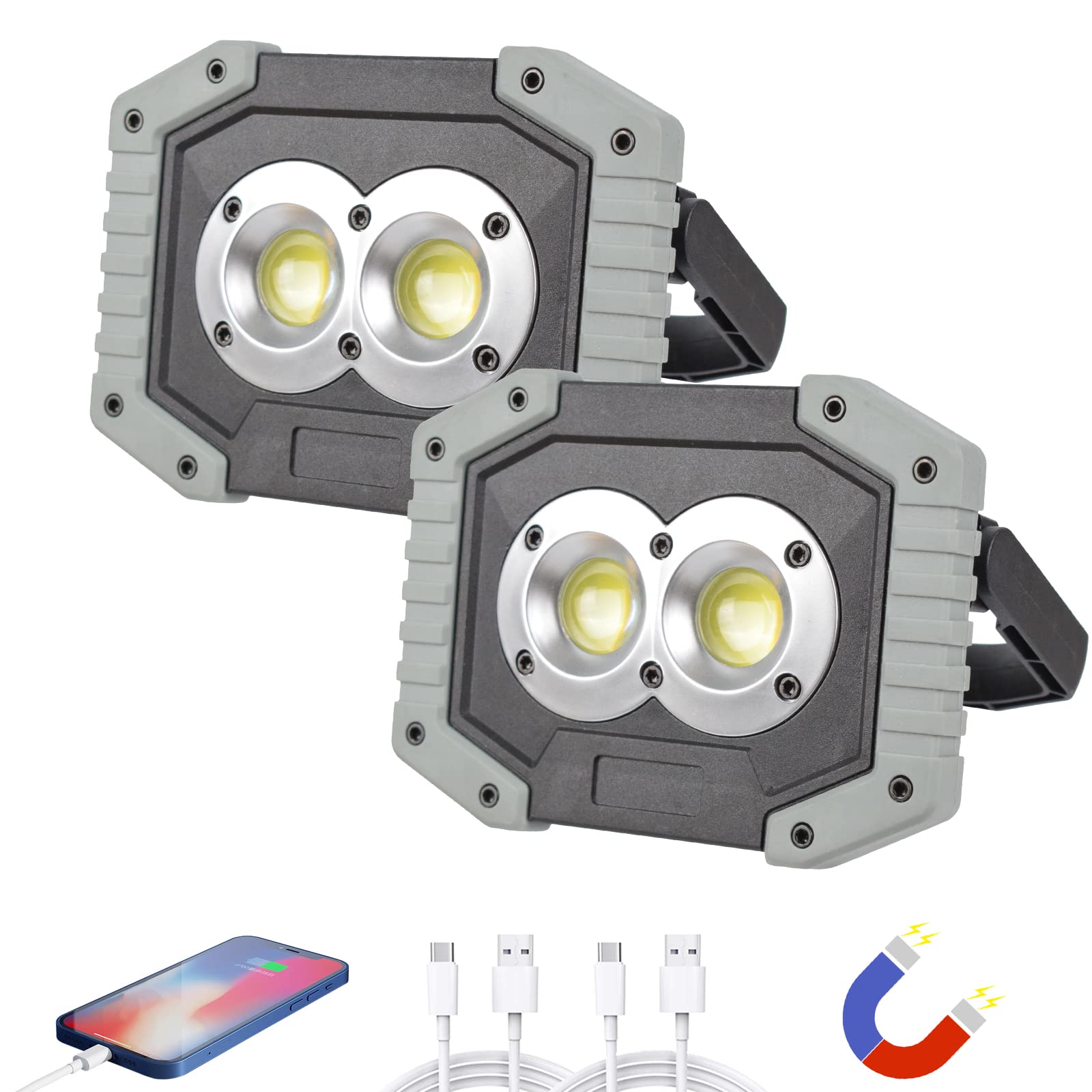 OTYTY 2-Pack LED Work Light - 30W 1500LM Rechargeable Magnetic Flood Light with 4200mAh Battery - Portable Lighting for Camping, Car Repair, Emergency, Garage & Outdoor Activities (W839 Grey)