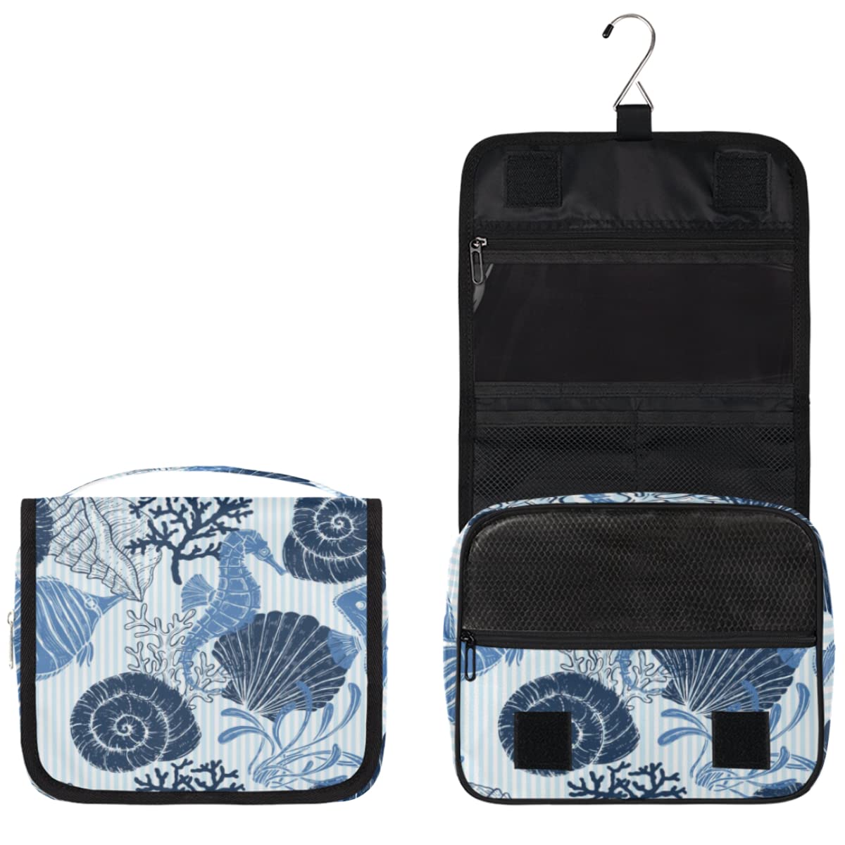 Waterproof Hanging Toiletry Bag with Seashell Design - Travel Makeup Organizer Pouch with Hook for Women & Men - Perfect for Beach Vacations, Camping Trips and Gym Use