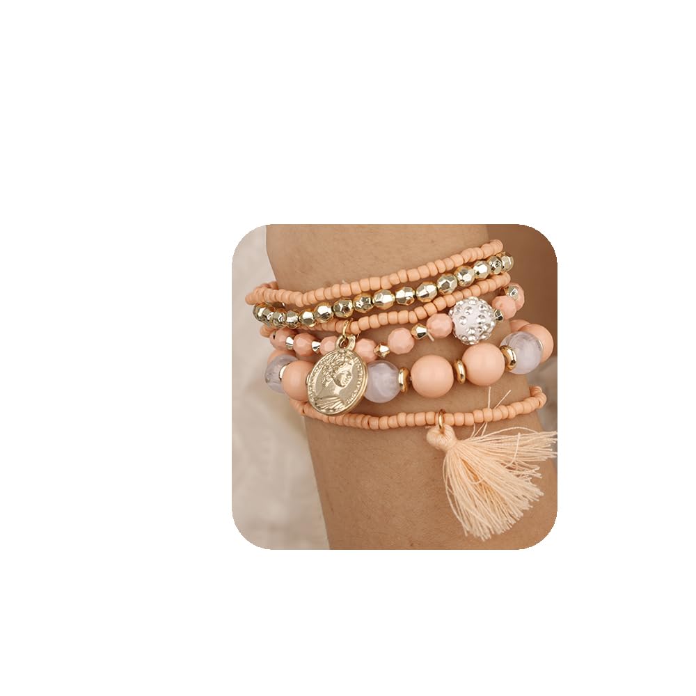 YERTTER 6pcs Bohemian Beaded Stretch Bracelets Set - Multi-Color Layered Rice Beads with Pendant Tassel - Stackable Vintage Strand Bracelets for Women & Girls - Perfect for Festivals, Beach Parties and Boho Fashion Accessories