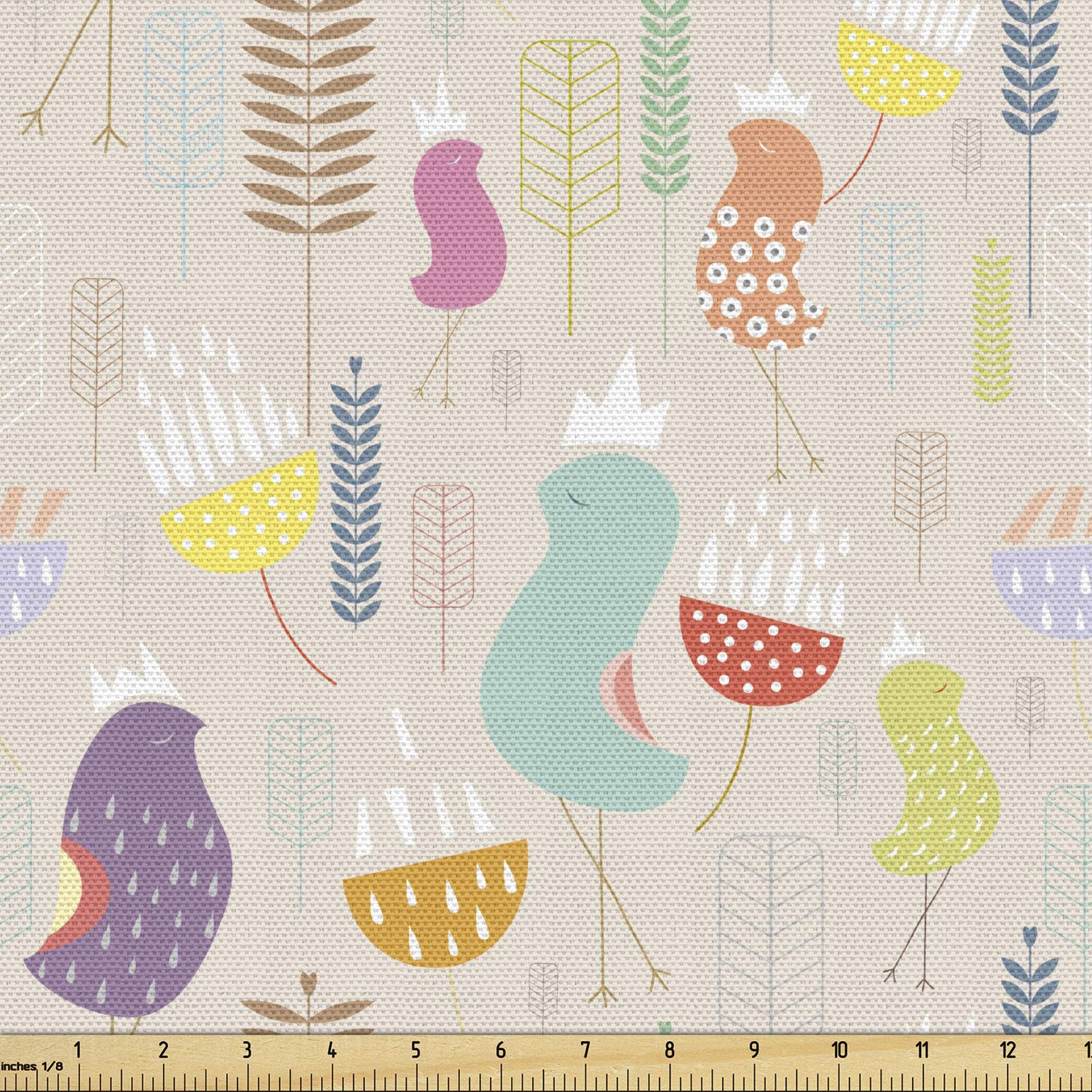 Ambesonne Cartoon Fabric by The Yard - Funny Crown Birds Doodle in Childish Style with Flowers & Birds - Decorative Upholstery Fabric for DIY Home Decor, Curtains, Pillows & Crafts - 10 Yards, Pale Tan & Multicolor - Perfect for Nursery, Kids Room & Bohemian Home Decor