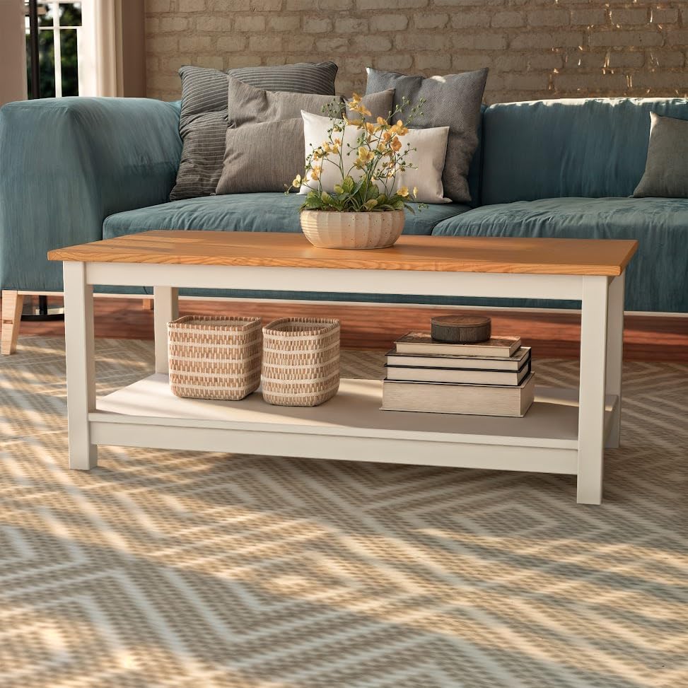 Solid Wood Coffee Table - White & Pine Finish - Modern Living Room Furniture for Home Decor & Relaxation