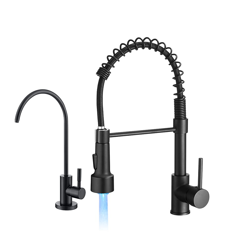 OWOFAN Matte Black LED Light Pull Down Kitchen Sink Faucet with RO Water Filter Faucet Bundle - Modern Touchless Sprayer for Easy Dishwashing & Water Filtration in Home Kitchen