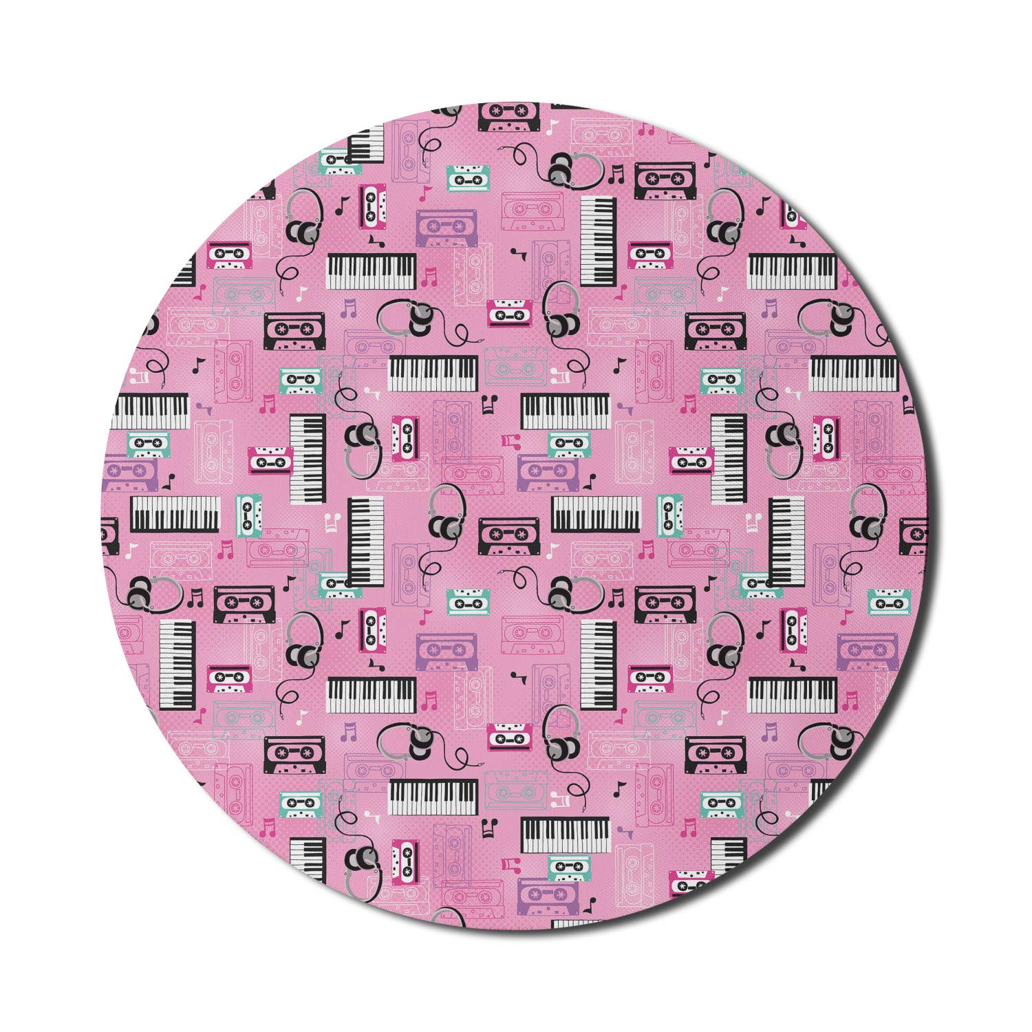 Ambesonne Pink Round Mouse Pad - Vintage Cassette & Headphones Retro Design, Non-Slip Rubber Base for Computer & Gaming, 8 Inch - Perfect for Office, Home & Gaming Setup